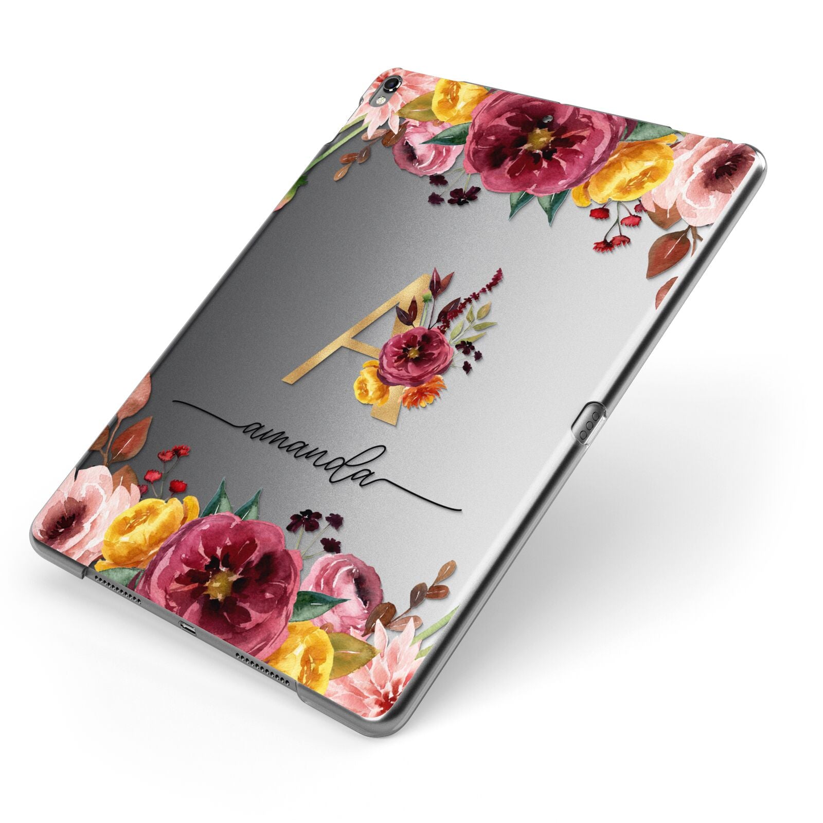 Autumn Watercolour Flowers with Initial Apple iPad Case on Grey iPad Side View