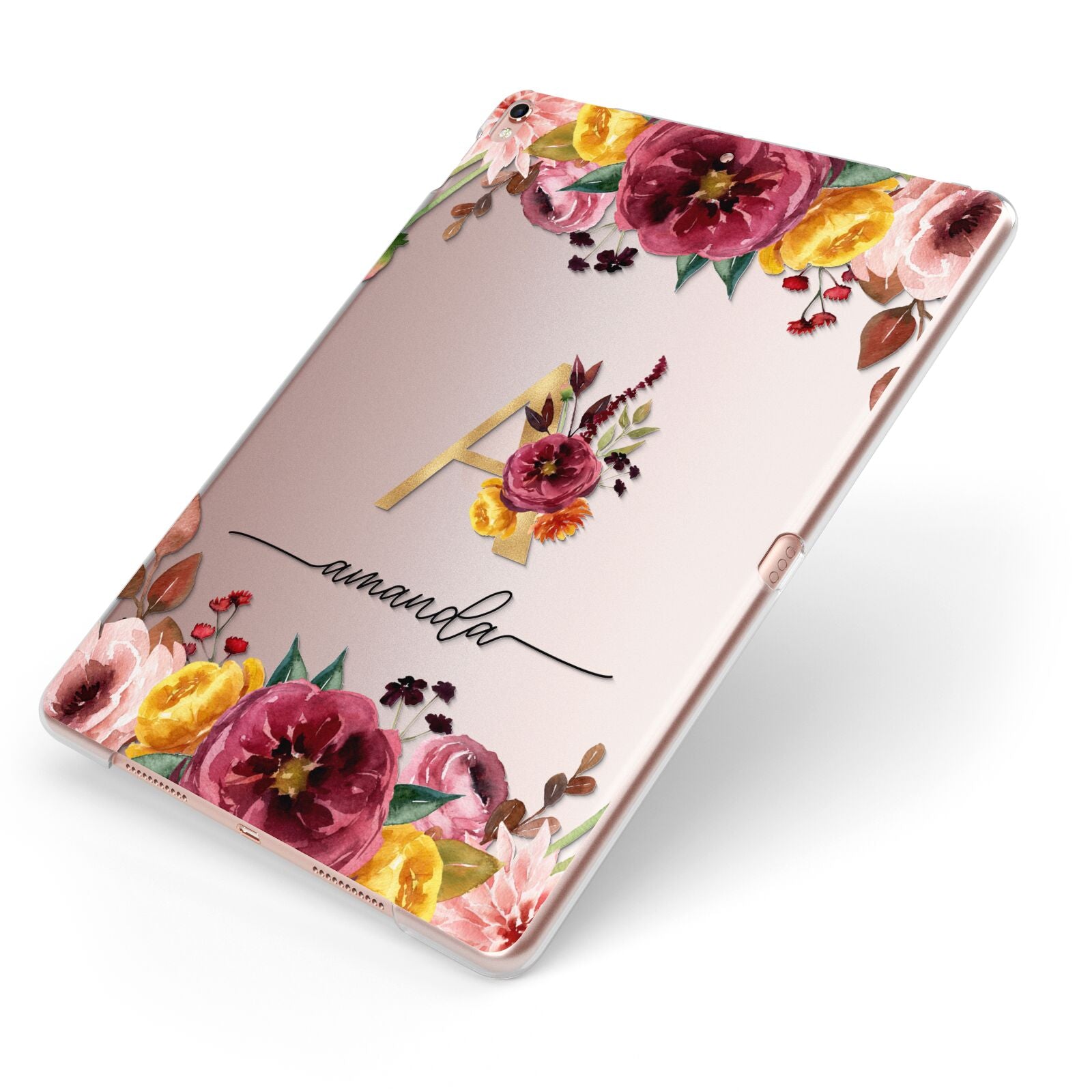 Autumn Watercolour Flowers with Initial Apple iPad Case on Rose Gold iPad Side View