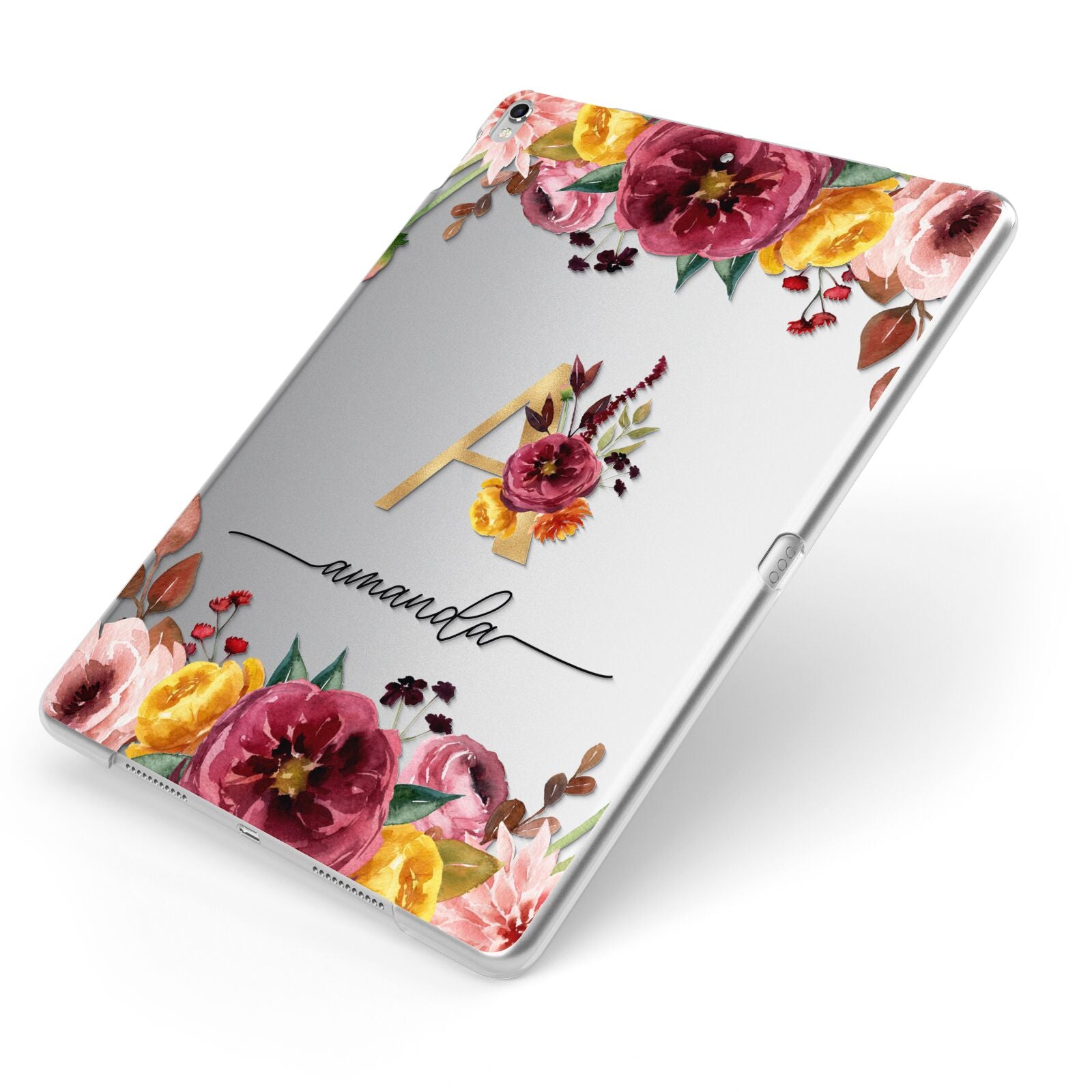 Autumn Watercolour Flowers with Initial Apple iPad Case on Silver iPad Side View