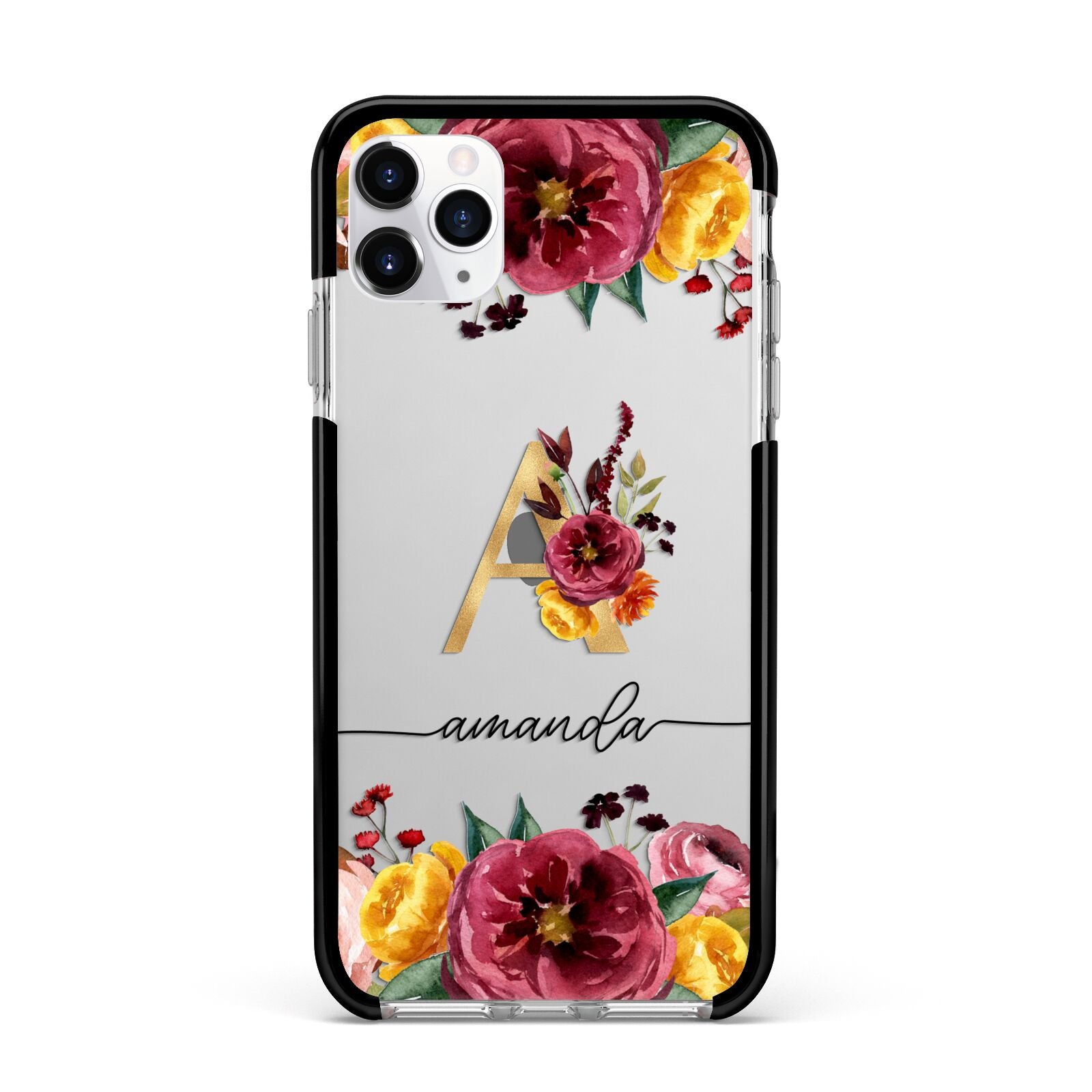 Autumn Watercolour Flowers with Initial Apple iPhone 11 Pro Max in Silver with Black Impact Case