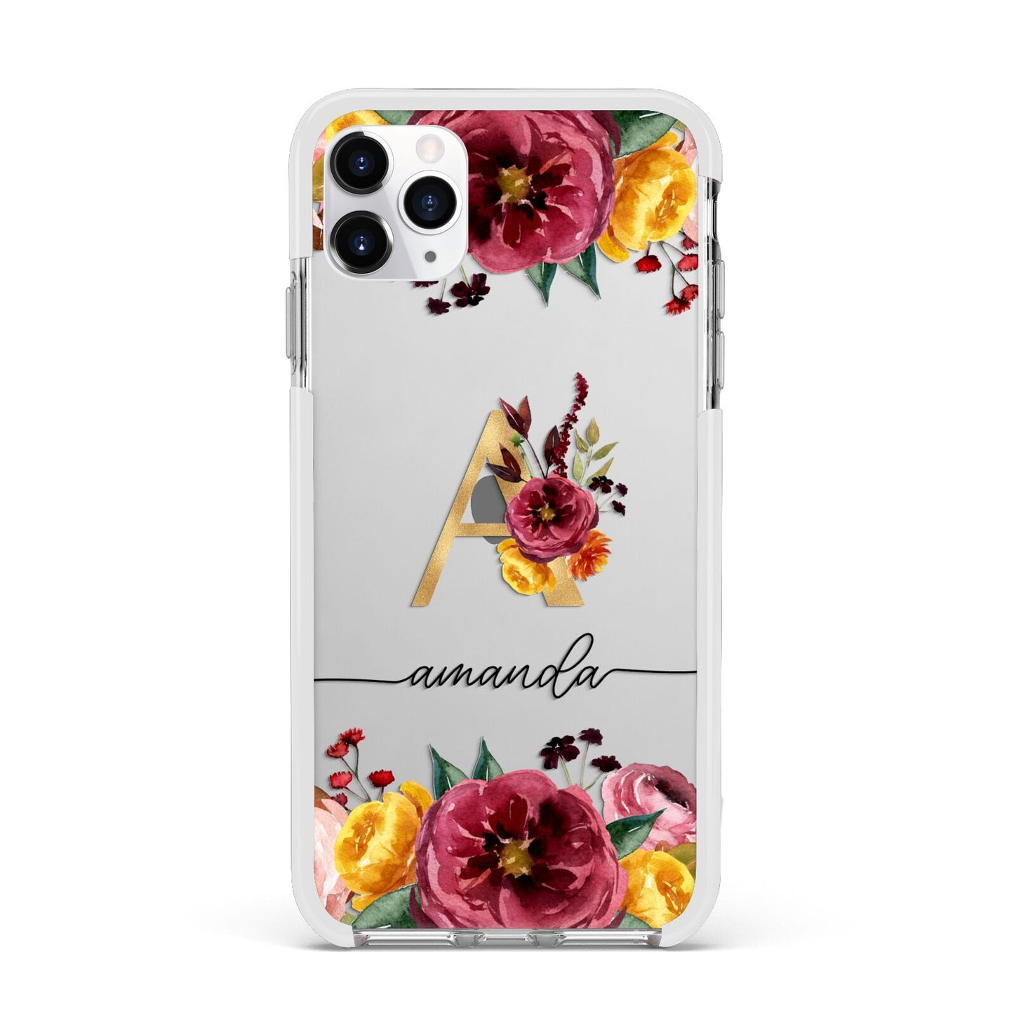 Autumn Watercolour Flowers with Initial Apple iPhone 11 Pro Max in Silver with White Impact Case