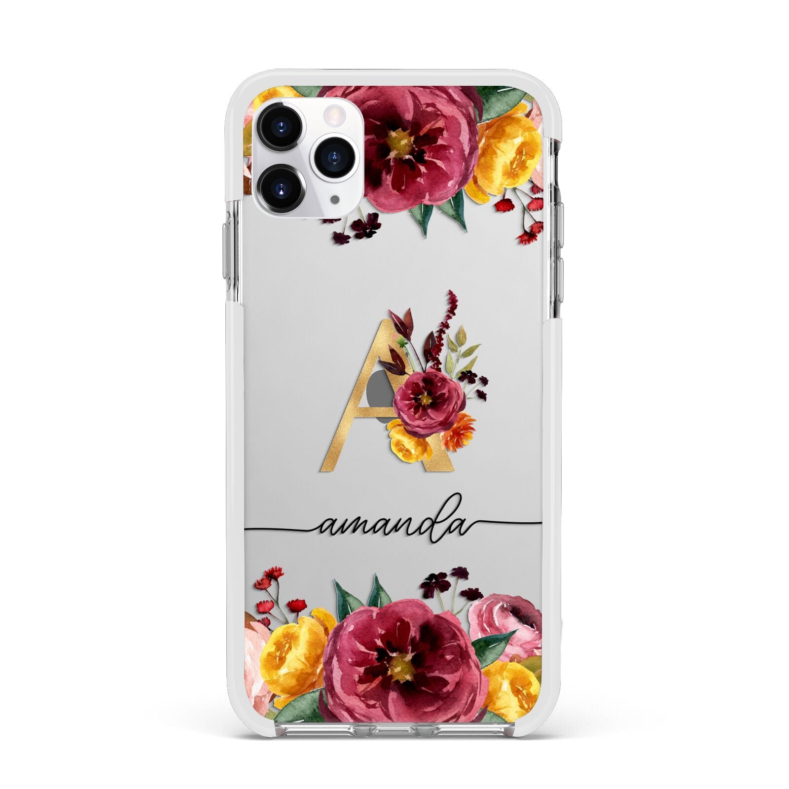 Autumn Watercolour Flowers with Initial Apple iPhone 11 Pro Max in Silver with White Impact Case