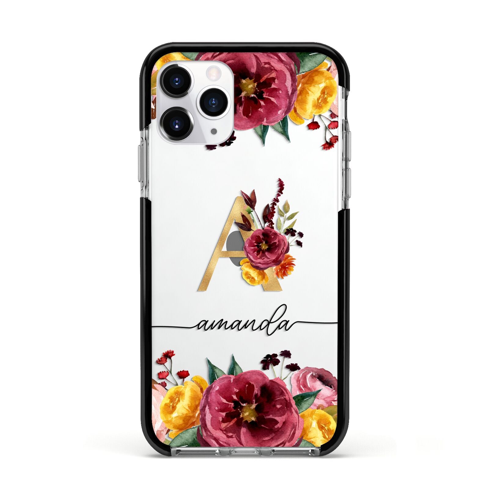 Autumn Watercolour Flowers with Initial Apple iPhone 11 Pro in Silver with Black Impact Case