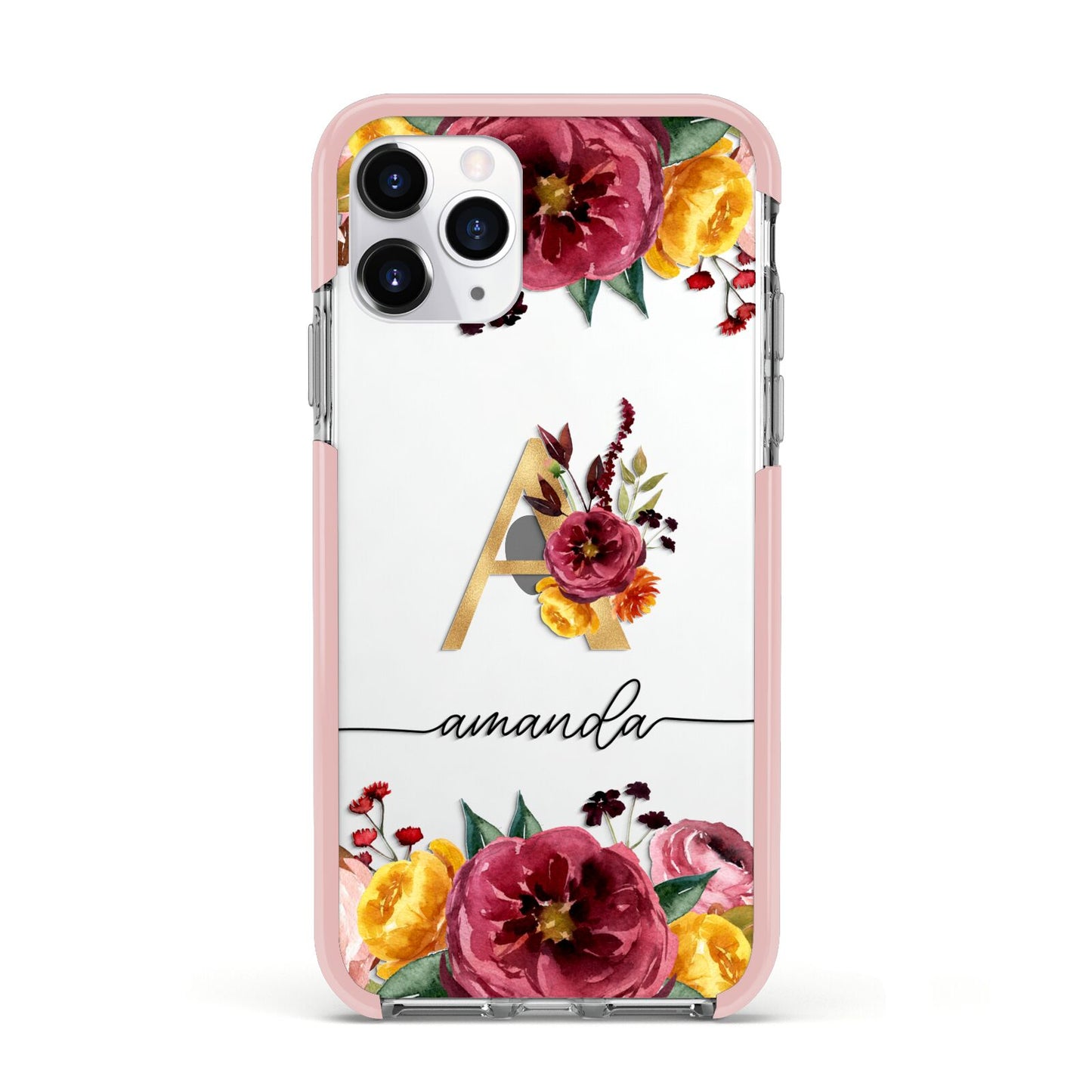 Autumn Watercolour Flowers with Initial Apple iPhone 11 Pro in Silver with Pink Impact Case