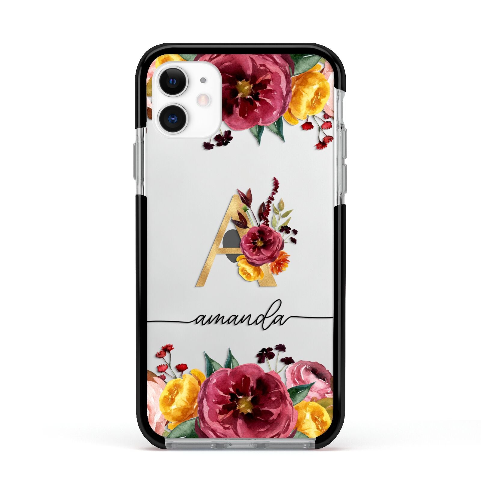Autumn Watercolour Flowers with Initial Apple iPhone 11 in White with Black Impact Case