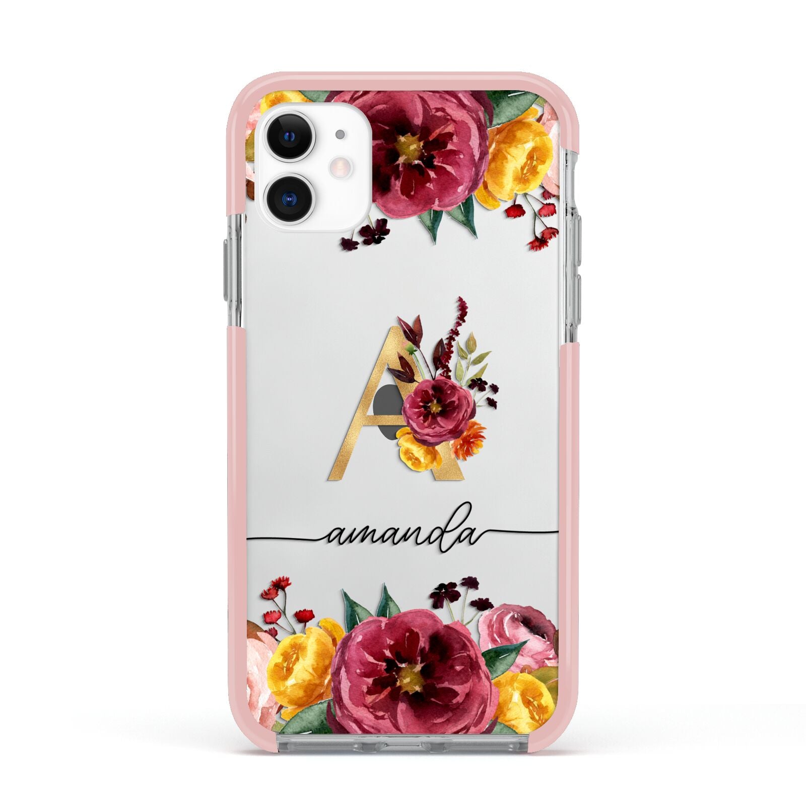 Autumn Watercolour Flowers with Initial Apple iPhone 11 in White with Pink Impact Case