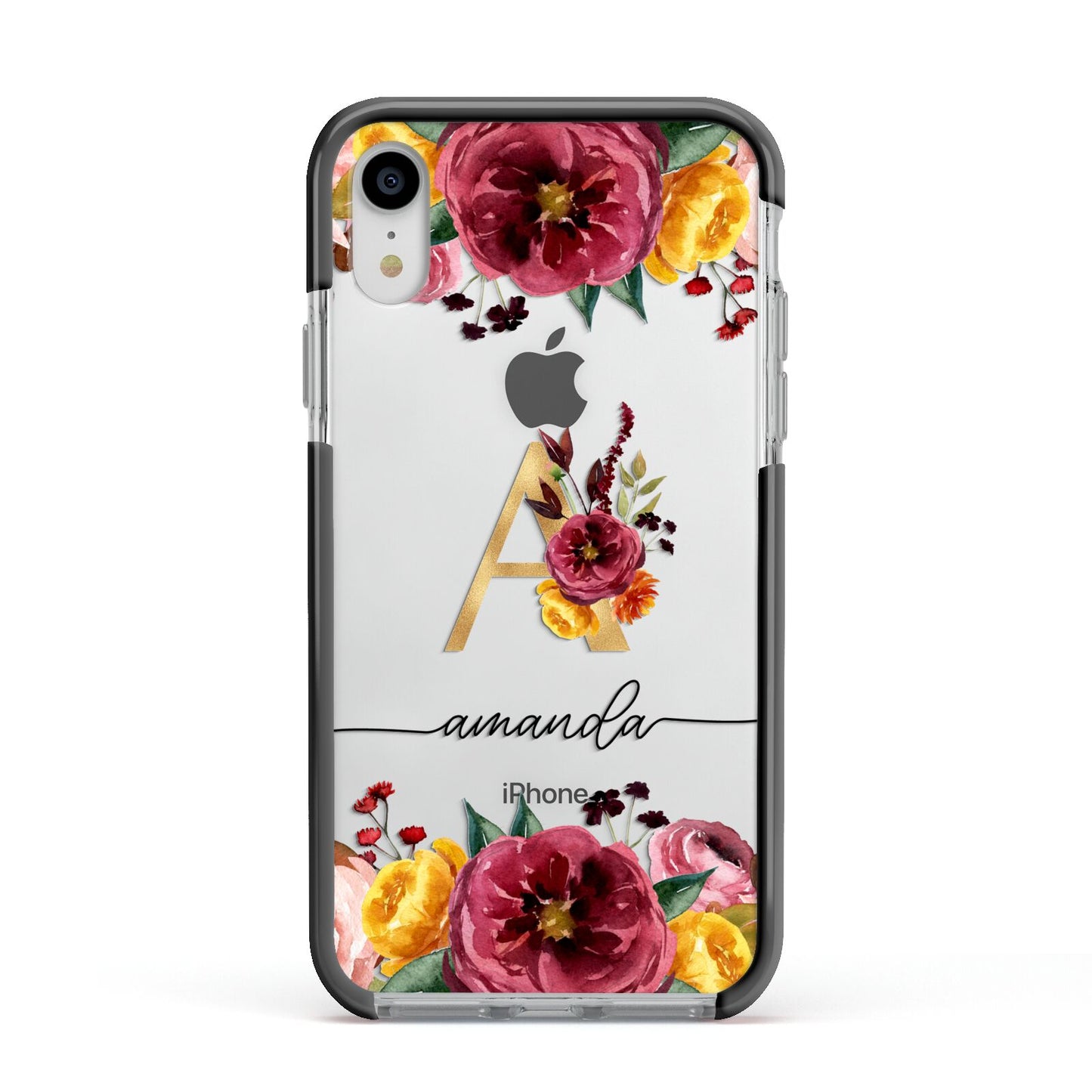 Autumn Watercolour Flowers with Initial Apple iPhone XR Impact Case Black Edge on Silver Phone