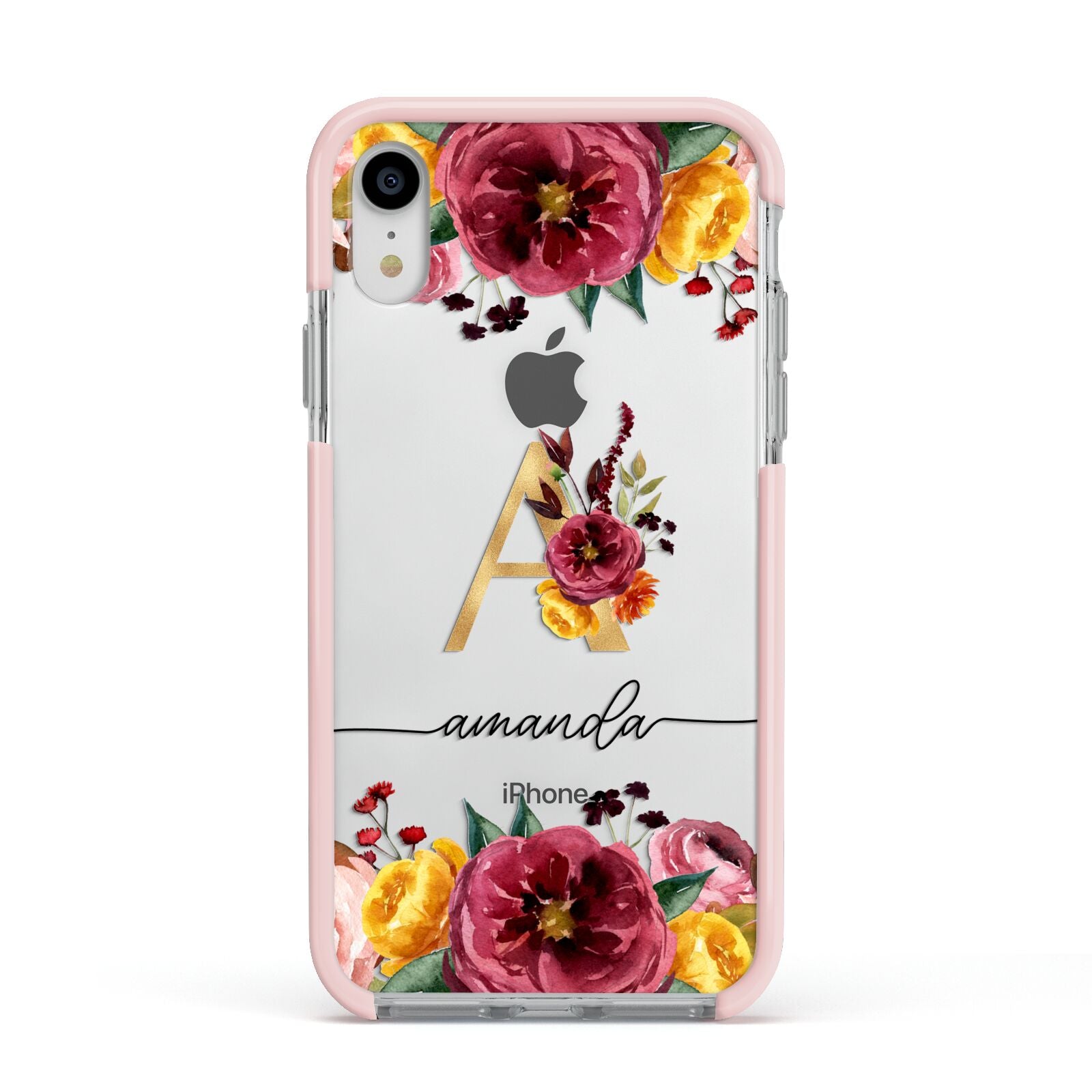 Autumn Watercolour Flowers with Initial Apple iPhone XR Impact Case Pink Edge on Silver Phone