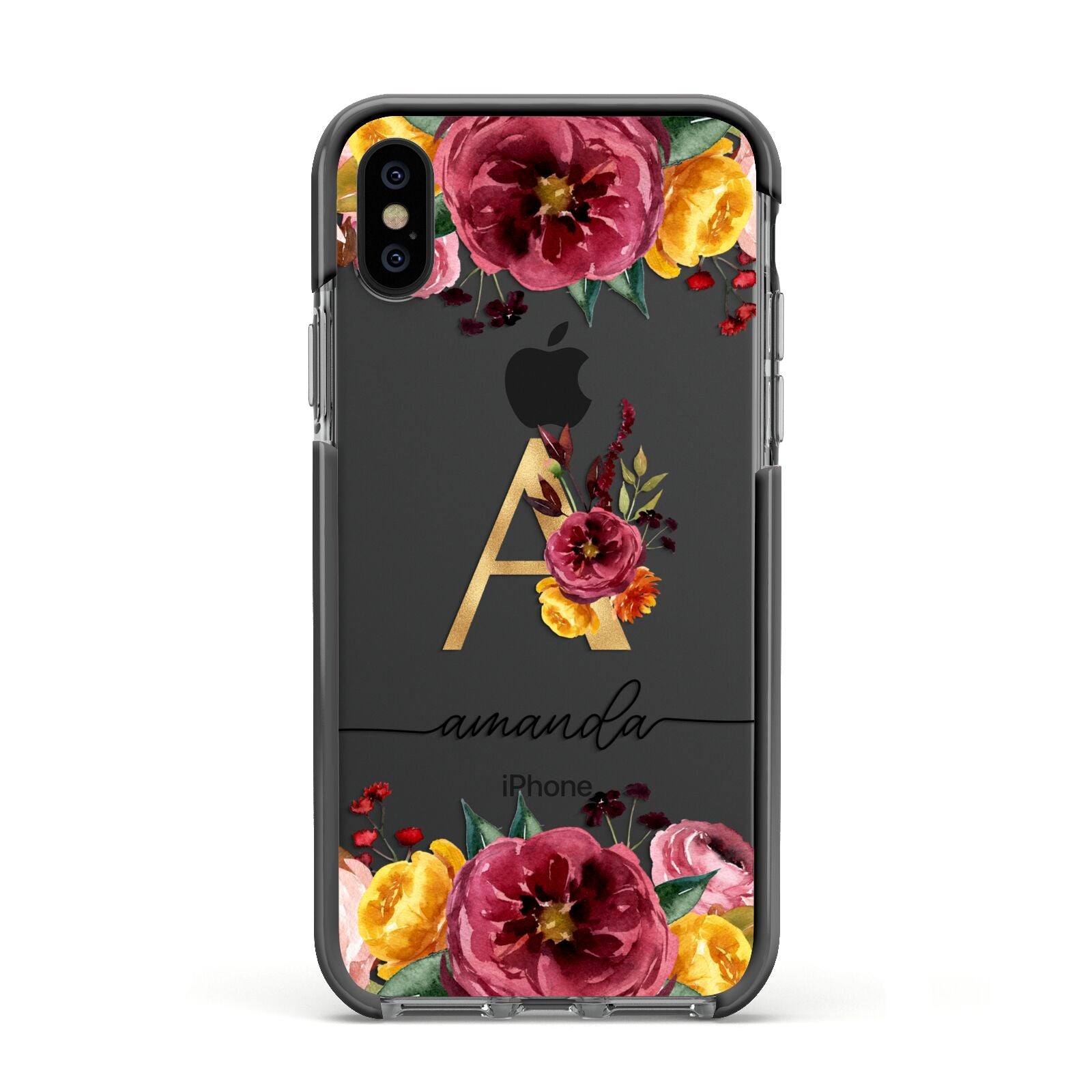 Autumn Watercolour Flowers with Initial Apple iPhone Xs Impact Case Black Edge on Black Phone