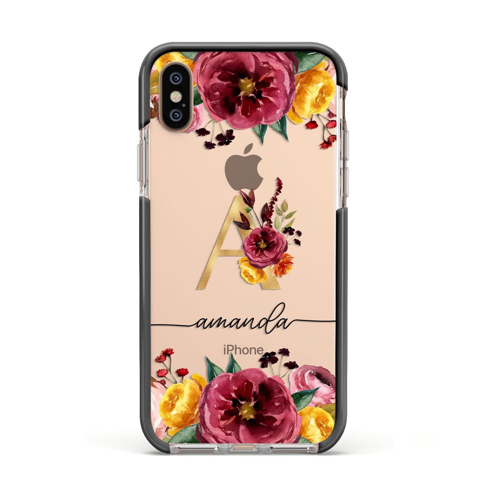 Autumn Watercolour Flowers with Initial Apple iPhone Xs Impact Case Black Edge on Gold Phone