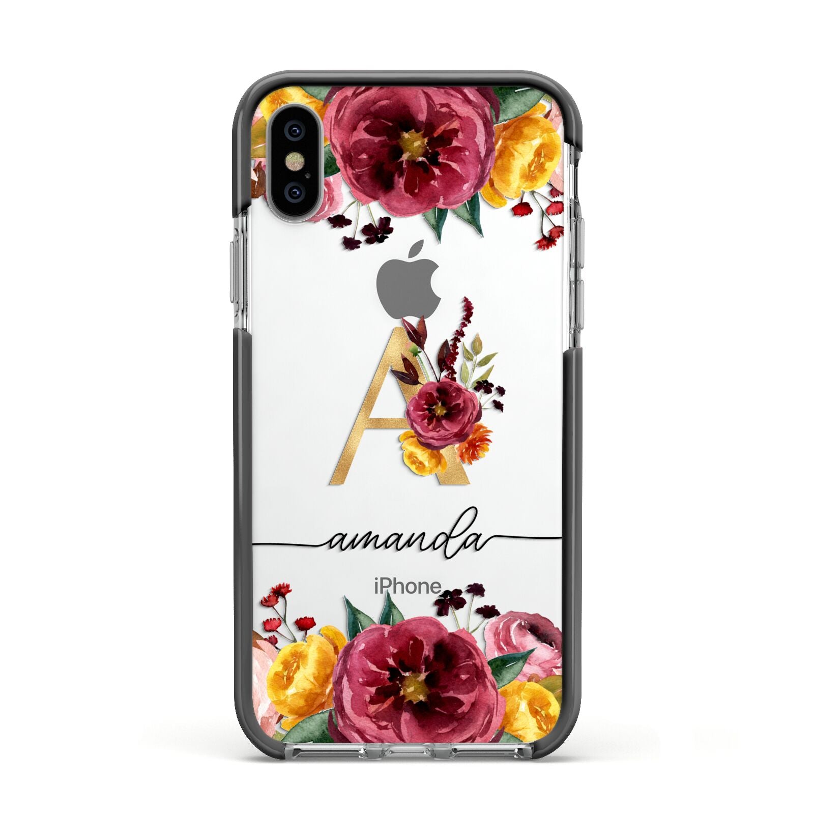 Autumn Watercolour Flowers with Initial Apple iPhone Xs Impact Case Black Edge on Silver Phone