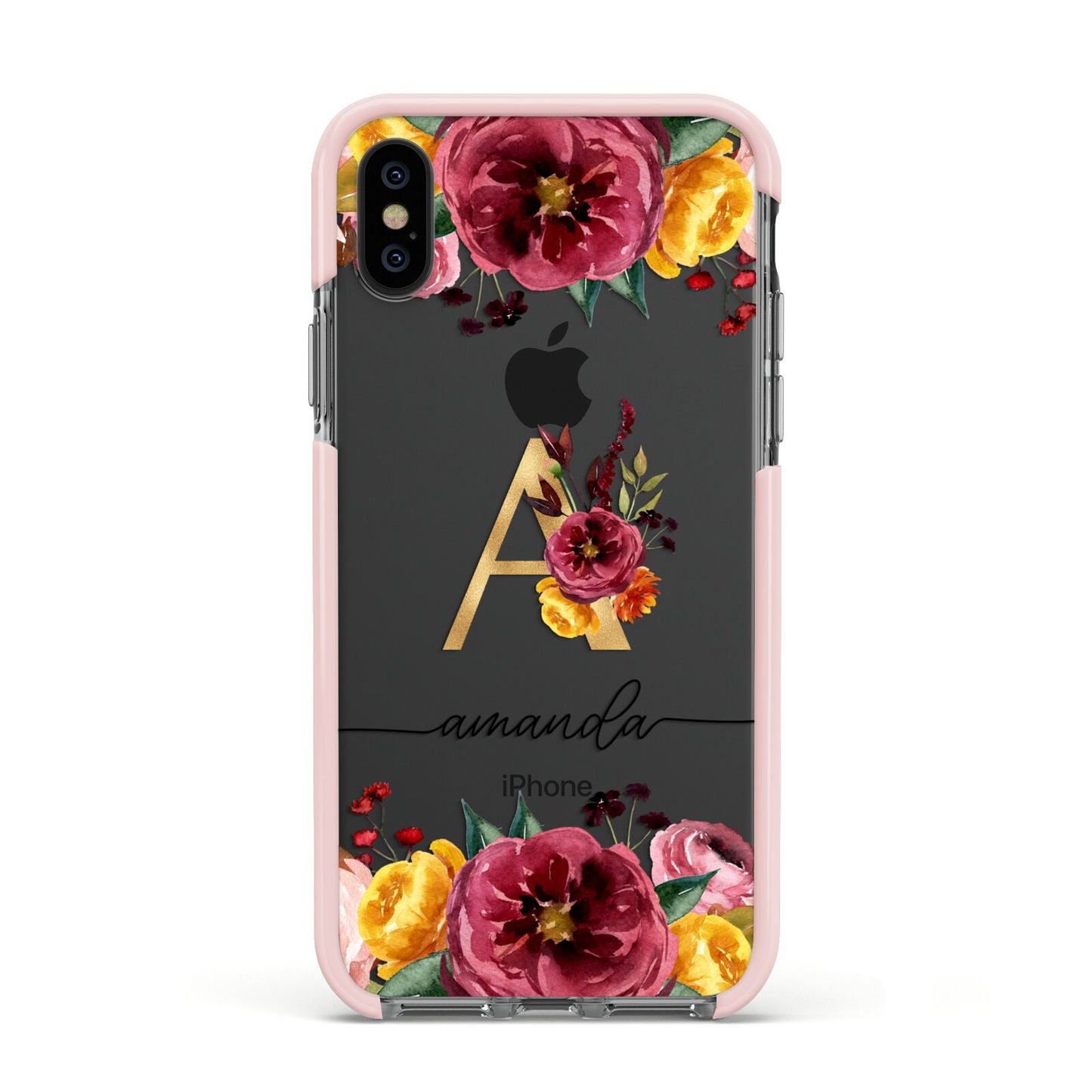 Autumn Watercolour Flowers with Initial Apple iPhone Xs Impact Case Pink Edge on Black Phone