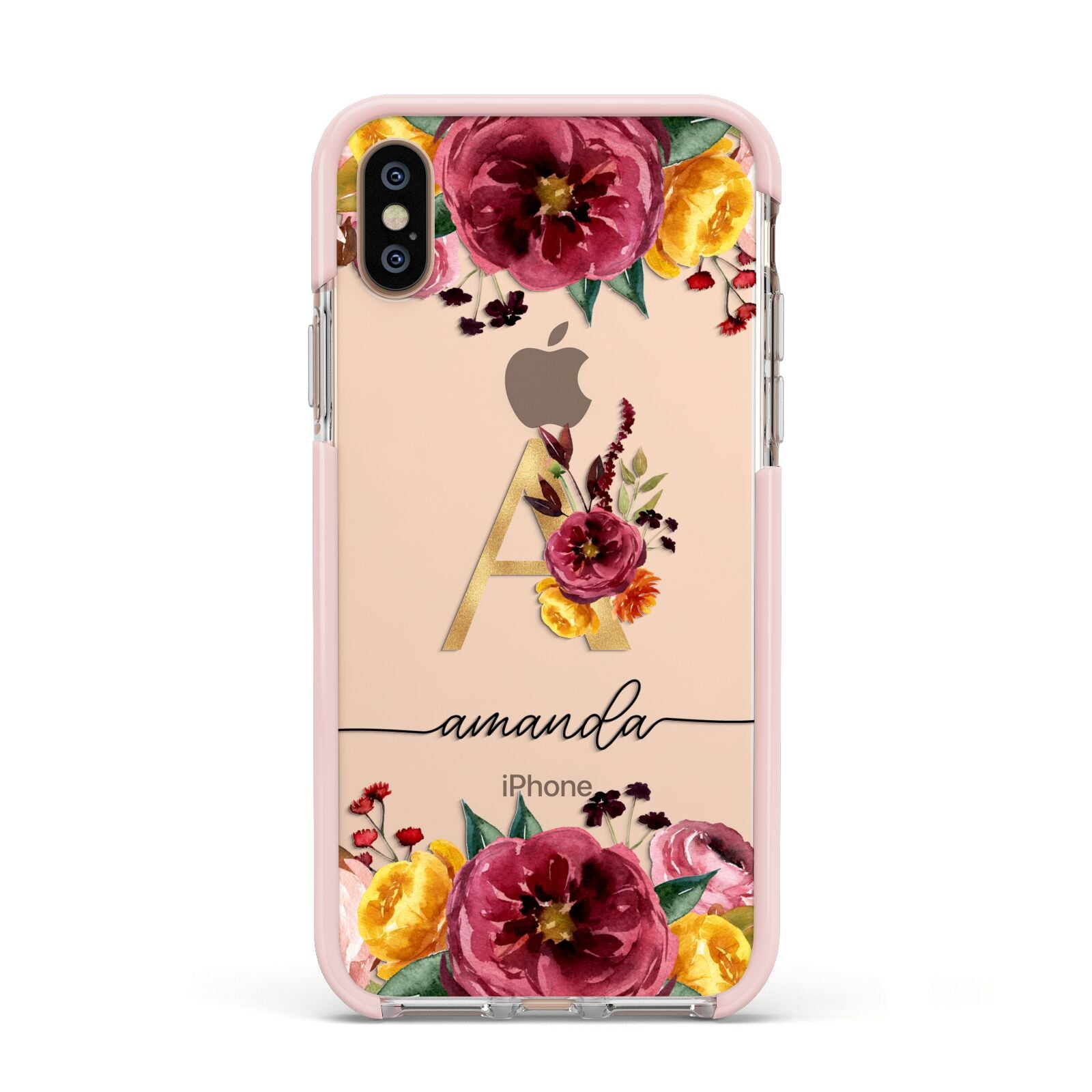 Autumn Watercolour Flowers with Initial Apple iPhone Xs Impact Case Pink Edge on Gold Phone