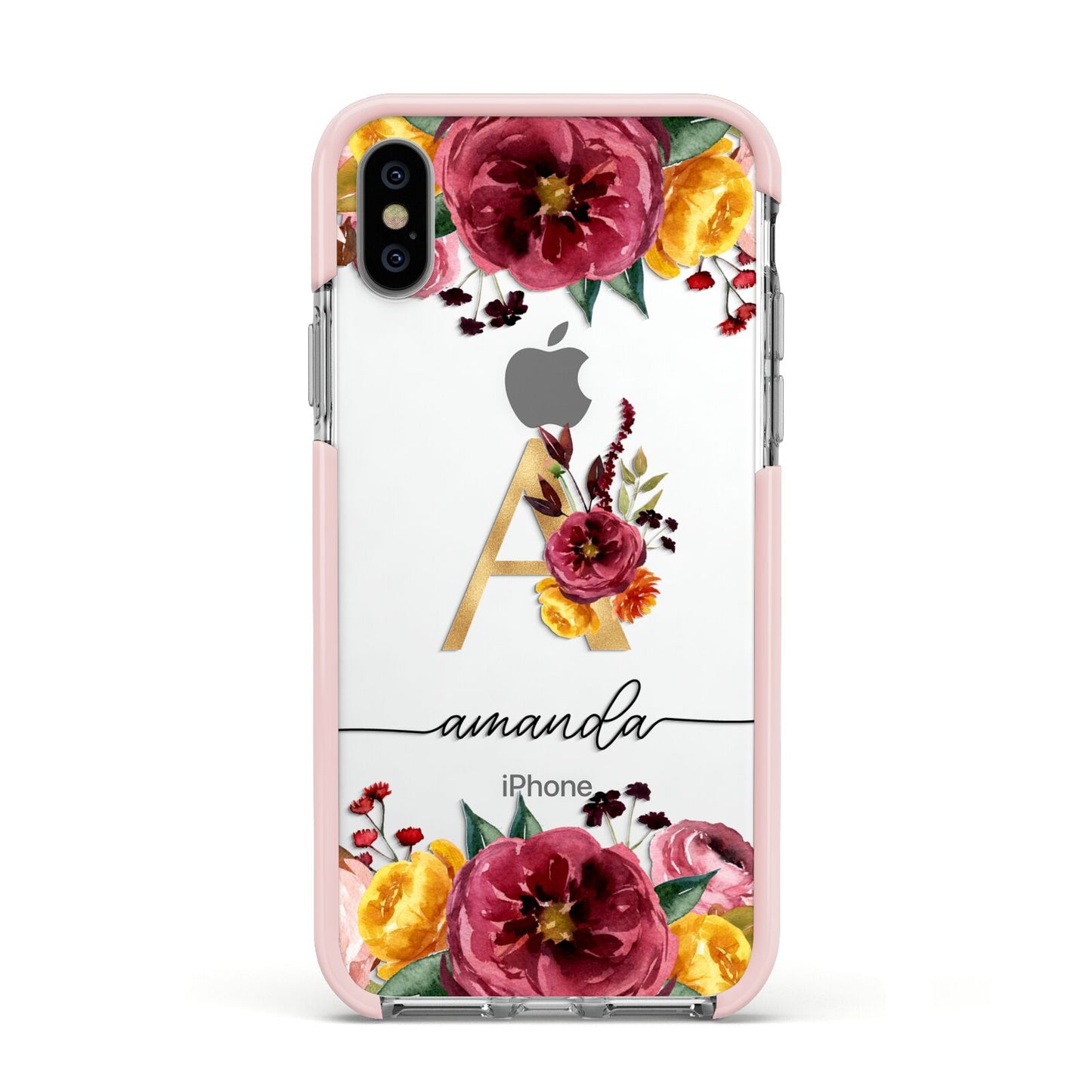 Autumn Watercolour Flowers with Initial Apple iPhone Xs Impact Case Pink Edge on Silver Phone