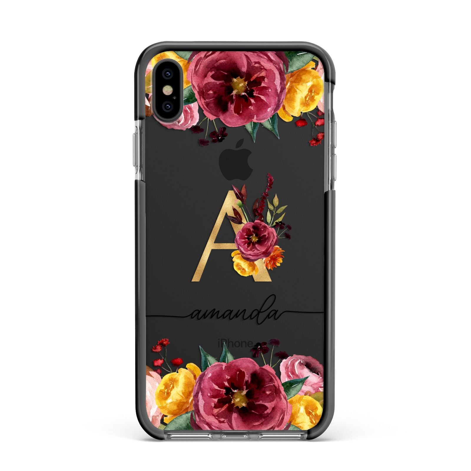 Autumn Watercolour Flowers with Initial Apple iPhone Xs Max Impact Case Black Edge on Black Phone