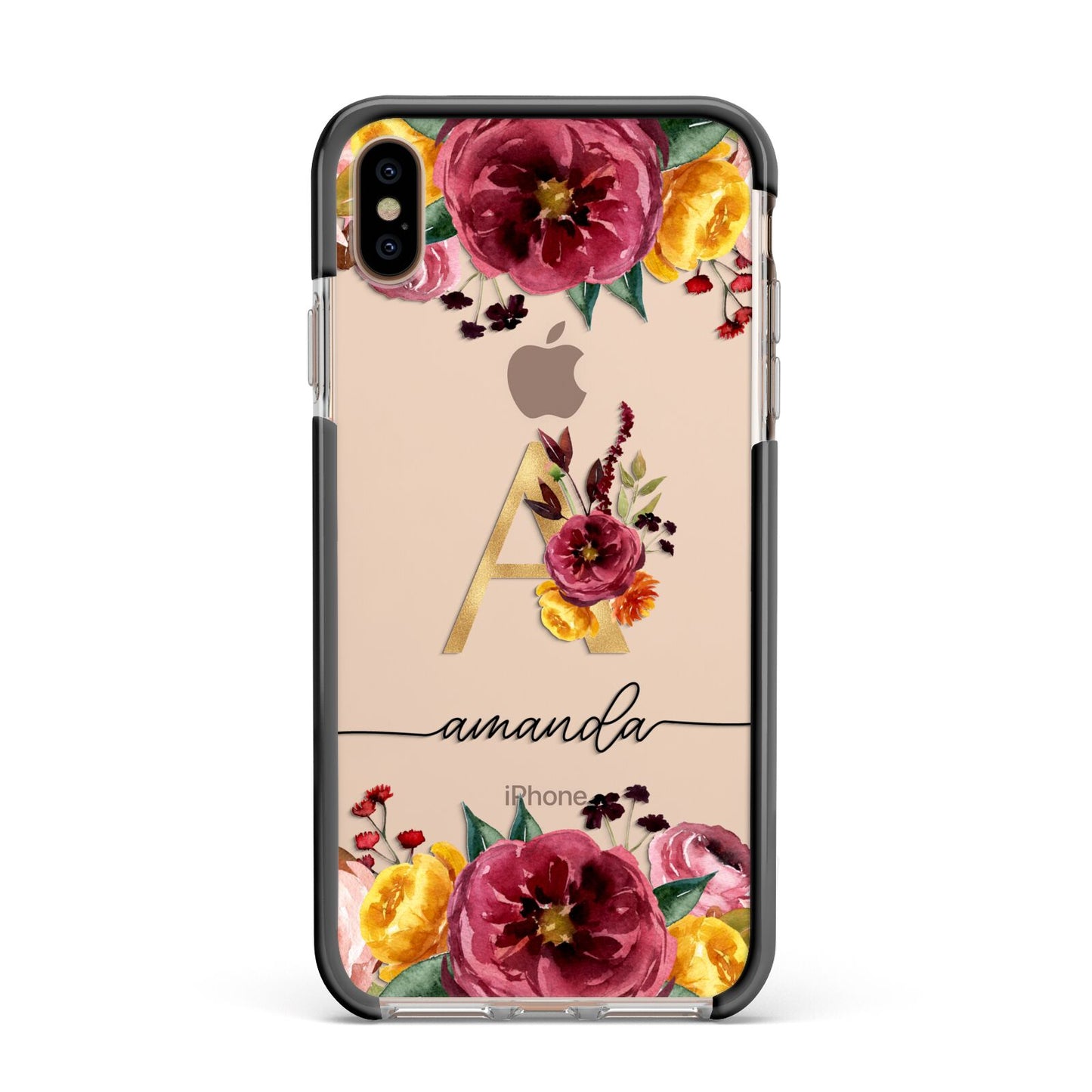 Autumn Watercolour Flowers with Initial Apple iPhone Xs Max Impact Case Black Edge on Gold Phone