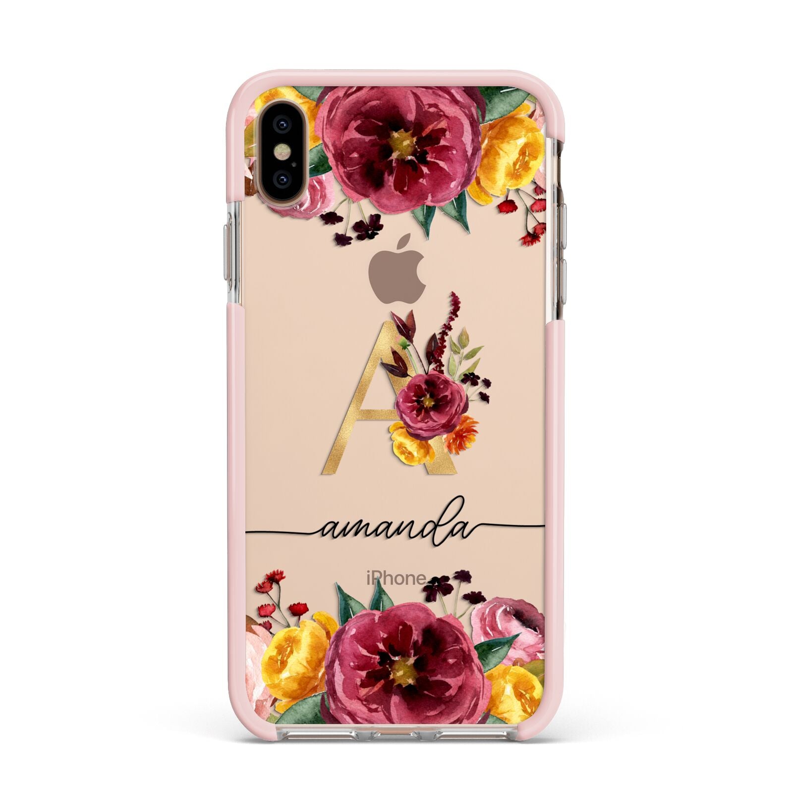 Autumn Watercolour Flowers with Initial Apple iPhone Xs Max Impact Case Pink Edge on Gold Phone