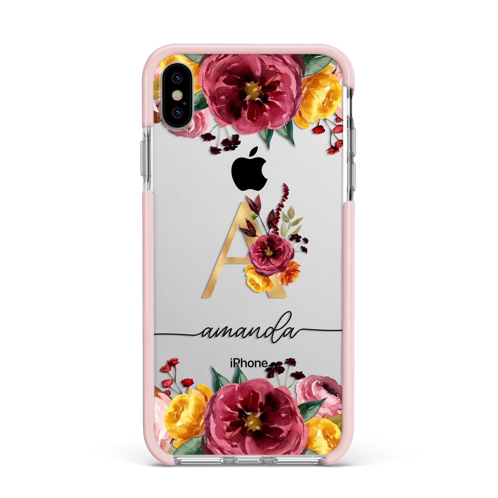 Autumn Watercolour Flowers with Initial Apple iPhone Xs Max Impact Case Pink Edge on Silver Phone