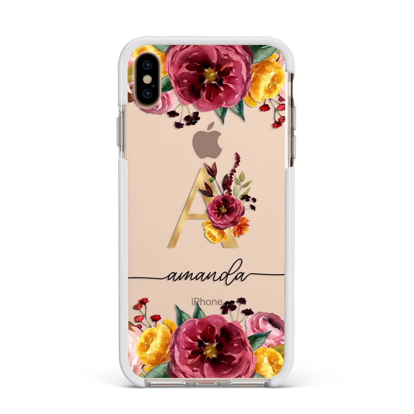 Autumn Watercolour Flowers with Initial Apple iPhone Xs Max Impact Case White Edge on Gold Phone