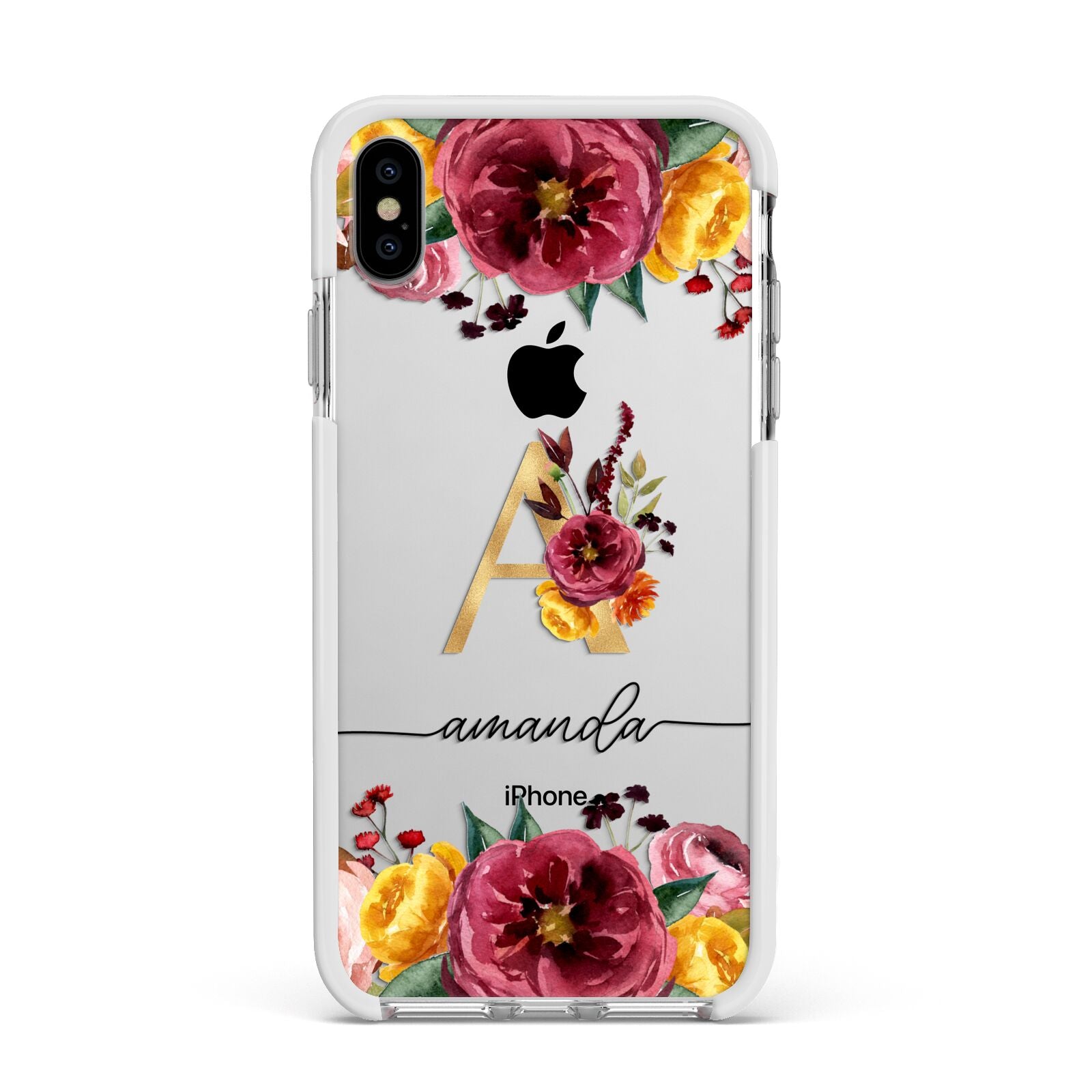 Autumn Watercolour Flowers with Initial Apple iPhone Xs Max Impact Case White Edge on Silver Phone