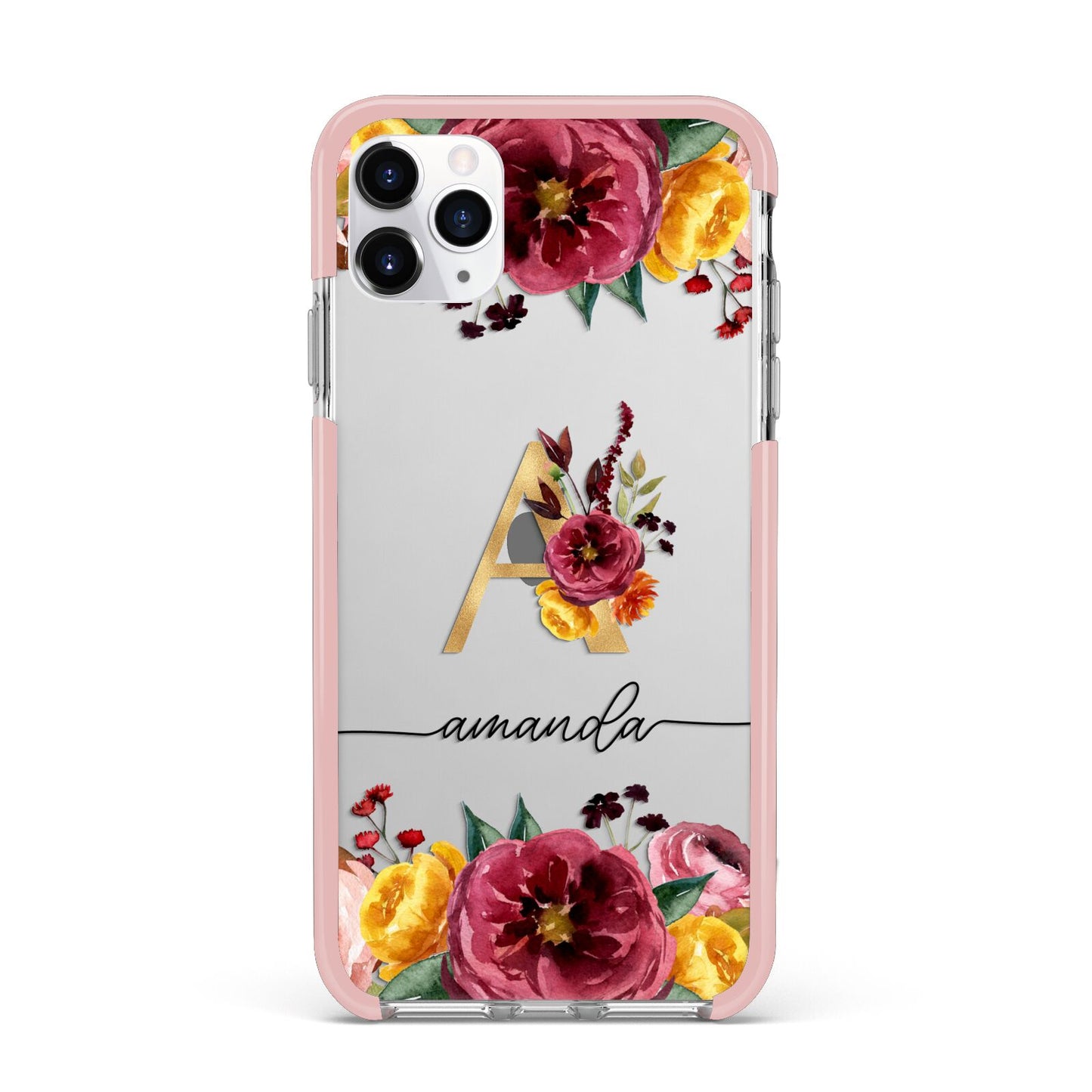 Autumn Watercolour Flowers with Initial iPhone 11 Pro Max Impact Pink Edge Case