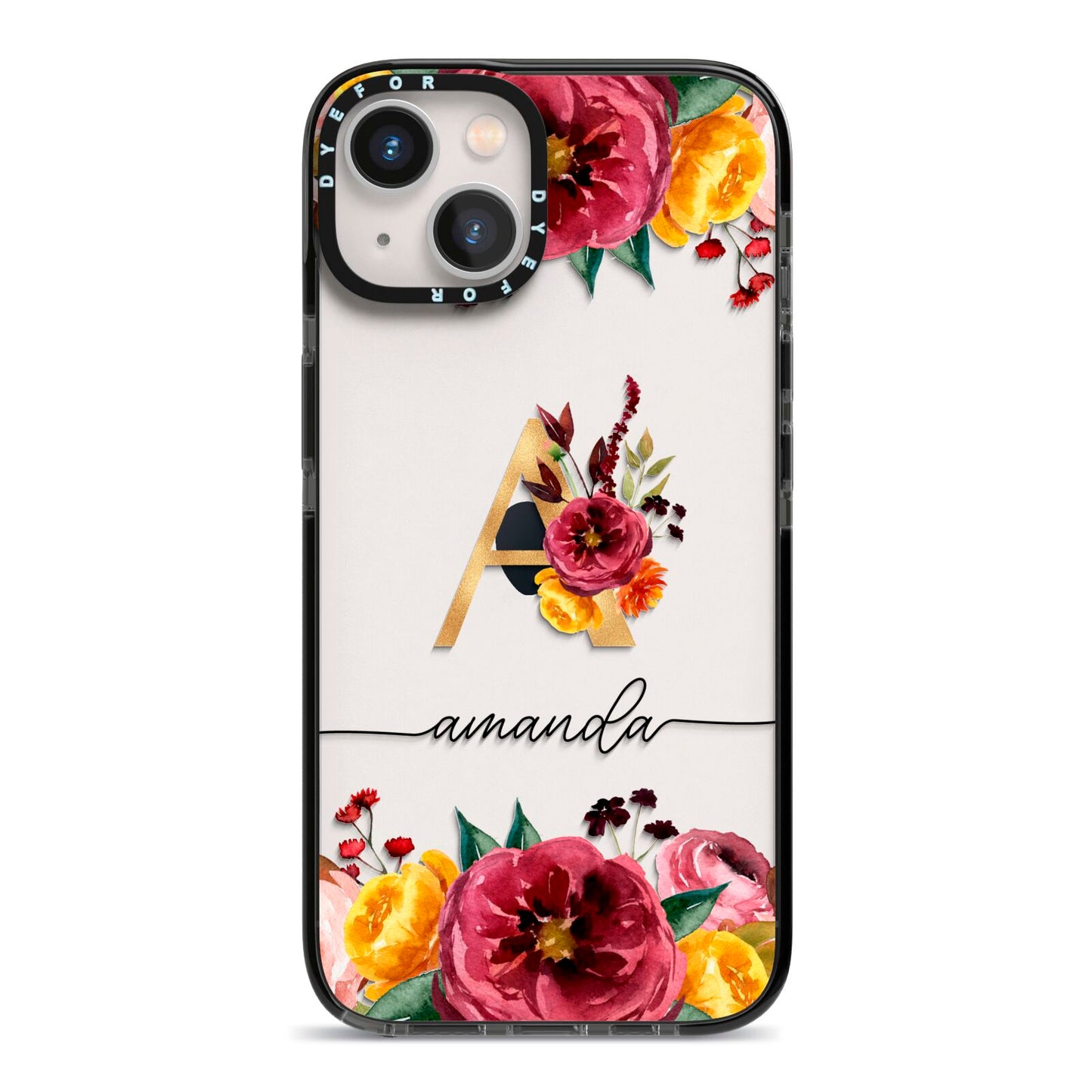 Autumn Watercolour Flowers with Initial iPhone 13 Black Impact Case on Silver phone