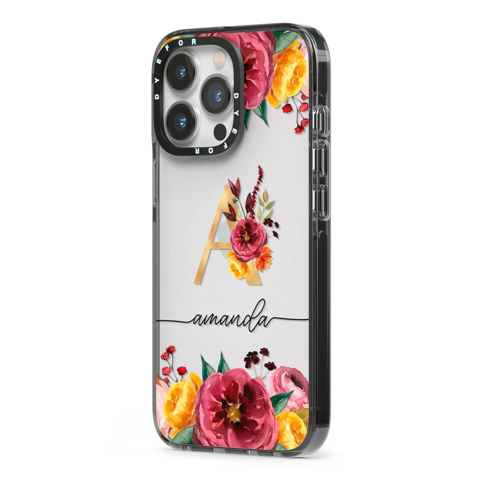 Autumn Watercolour Flowers with Initial iPhone 13 Pro Black Impact Case Side Angle on Silver phone