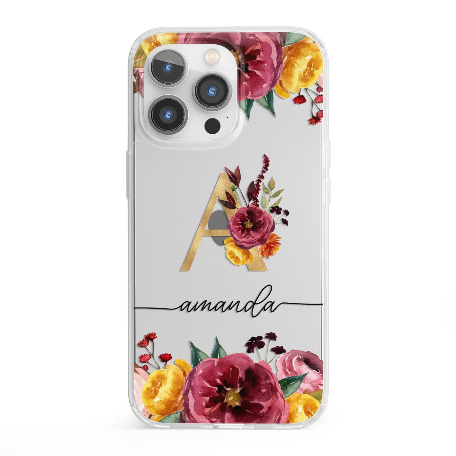 Autumn Watercolour Flowers with Initial iPhone 13 Pro Clear Bumper Case