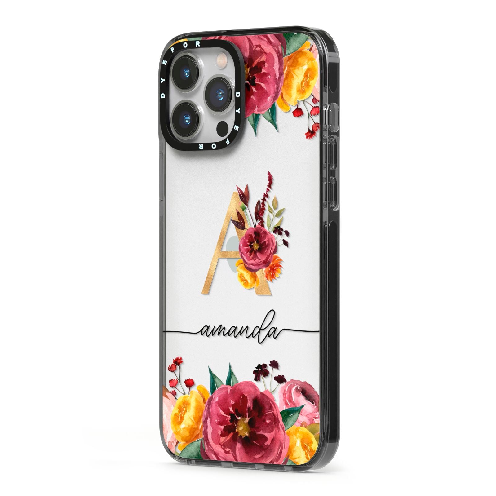 Autumn Watercolour Flowers with Initial iPhone 13 Pro Max Black Impact Case Side Angle on Silver phone
