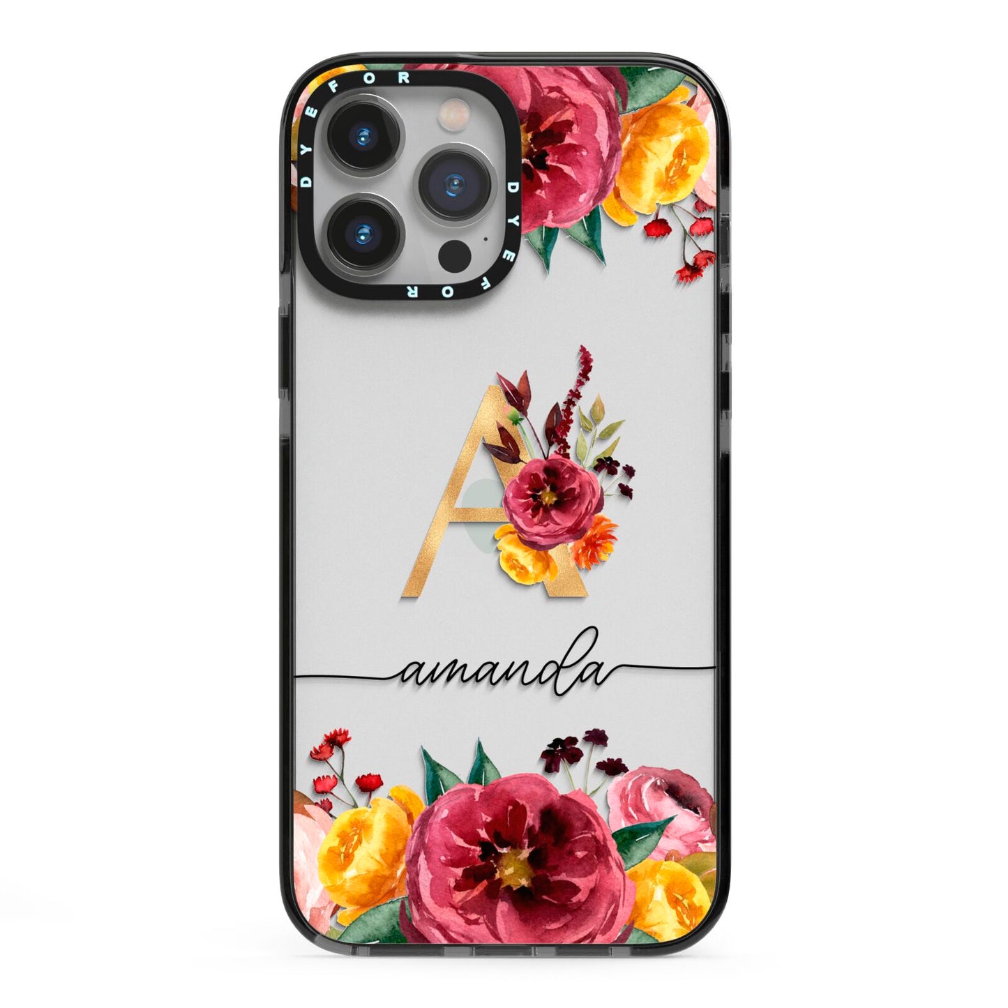 Autumn Watercolour Flowers with Initial iPhone 13 Pro Max Black Impact Case on Silver phone