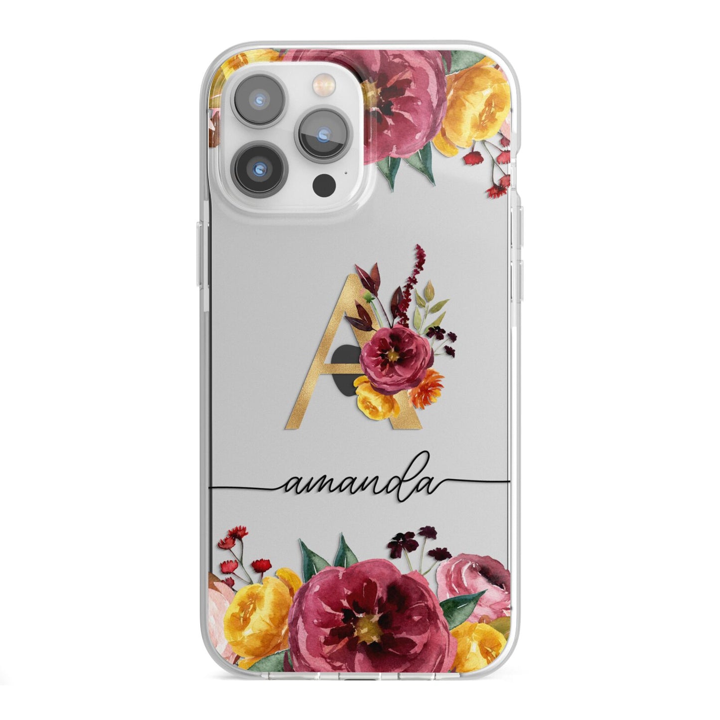 Autumn Watercolour Flowers with Initial iPhone 13 Pro Max TPU Impact Case with White Edges