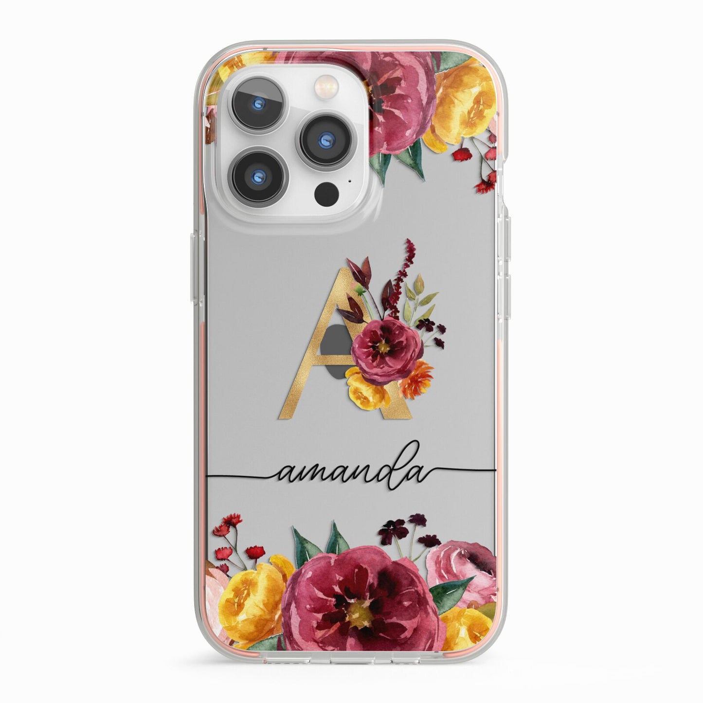 Autumn Watercolour Flowers with Initial iPhone 13 Pro TPU Impact Case with Pink Edges