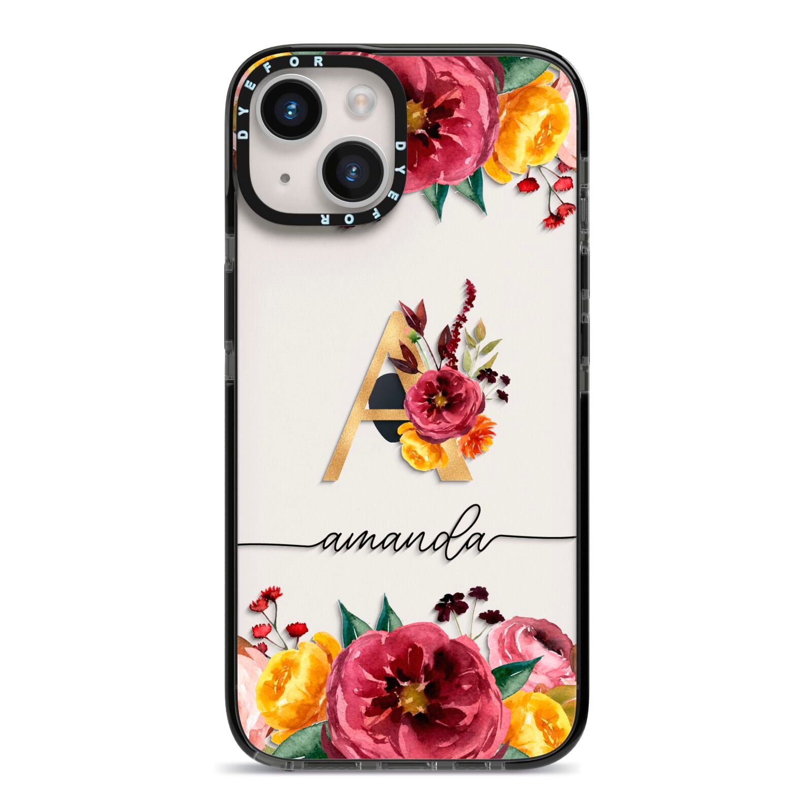 Autumn Watercolour Flowers with Initial iPhone 14 Black Impact Case on Silver phone