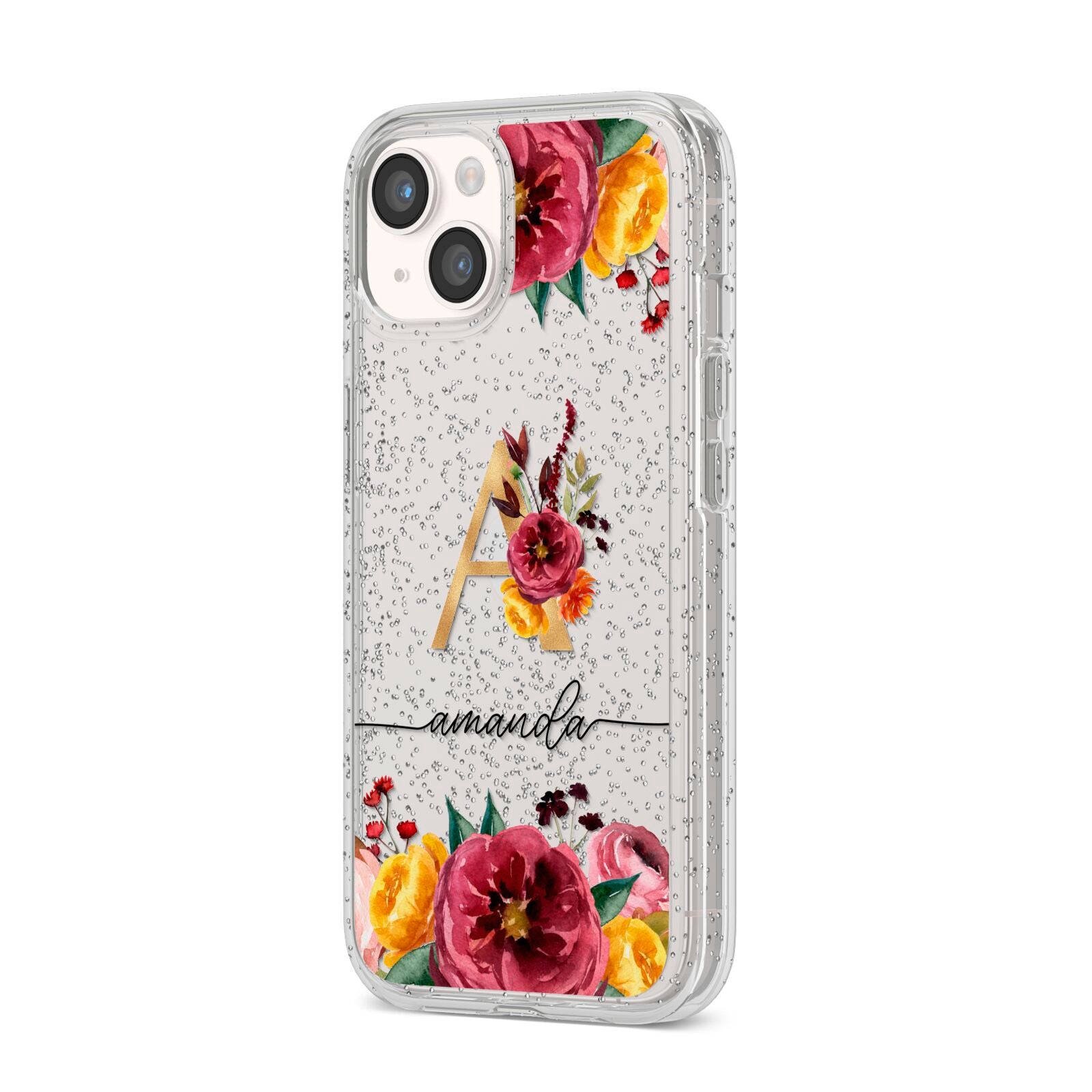 Autumn Watercolour Flowers with Initial iPhone 14 Glitter Tough Case Starlight Angled Image