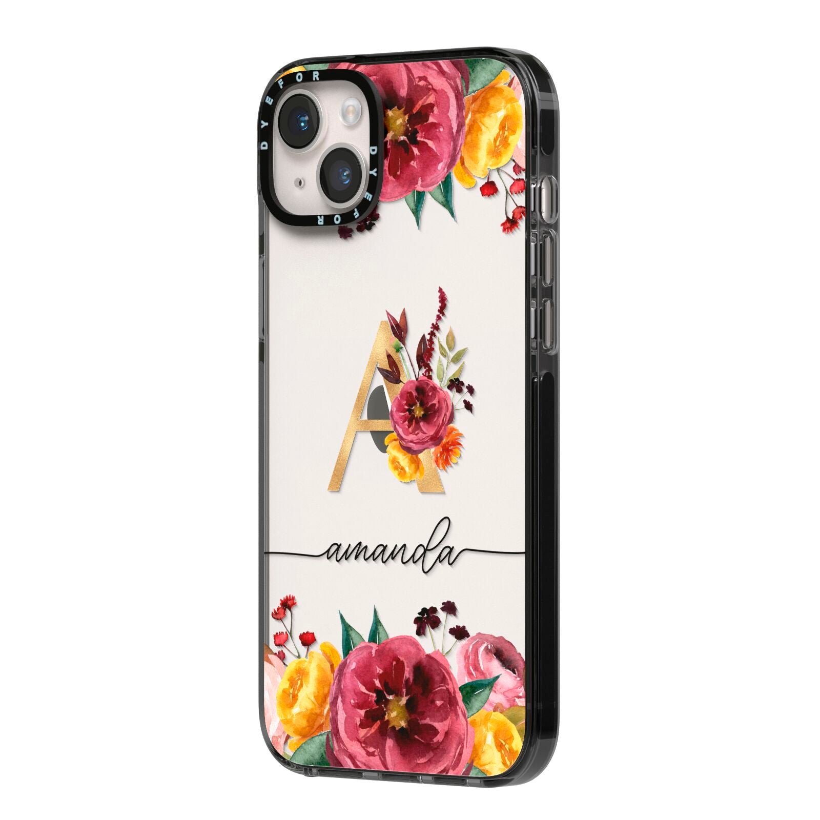 Autumn Watercolour Flowers with Initial iPhone 14 Plus Black Impact Case Side Angle on Silver phone