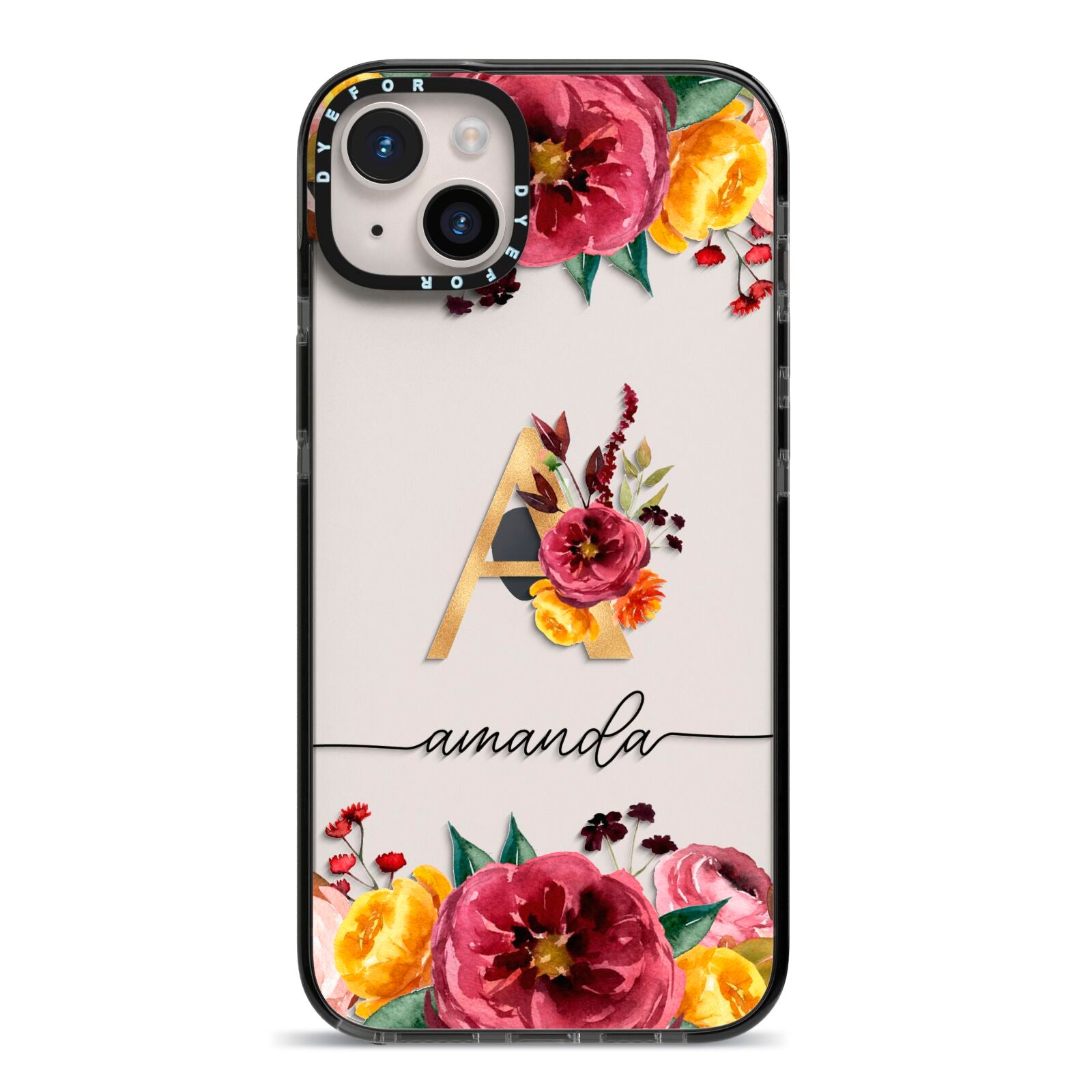 Autumn Watercolour Flowers with Initial iPhone 14 Plus Black Impact Case on Silver phone