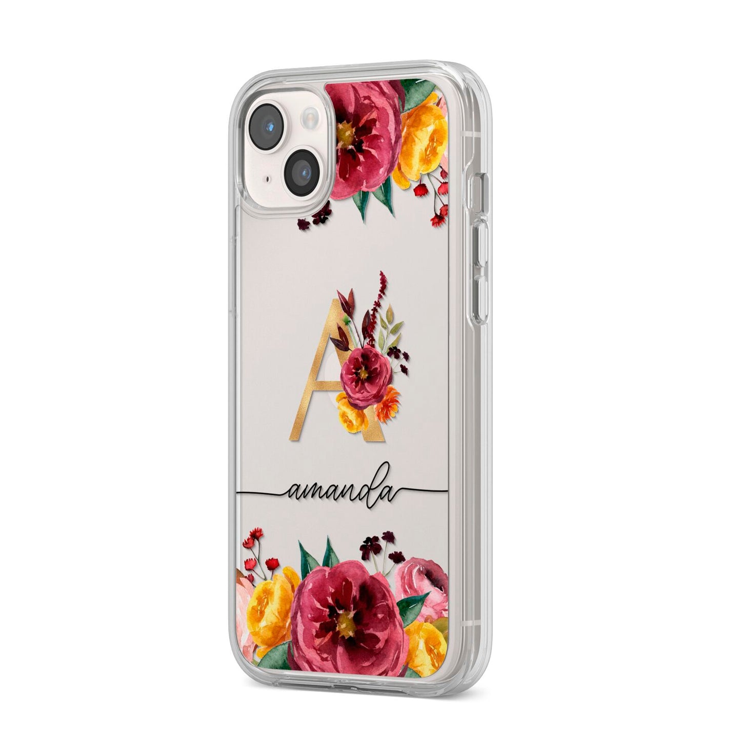 Autumn Watercolour Flowers with Initial iPhone 14 Plus Clear Tough Case Starlight Angled Image