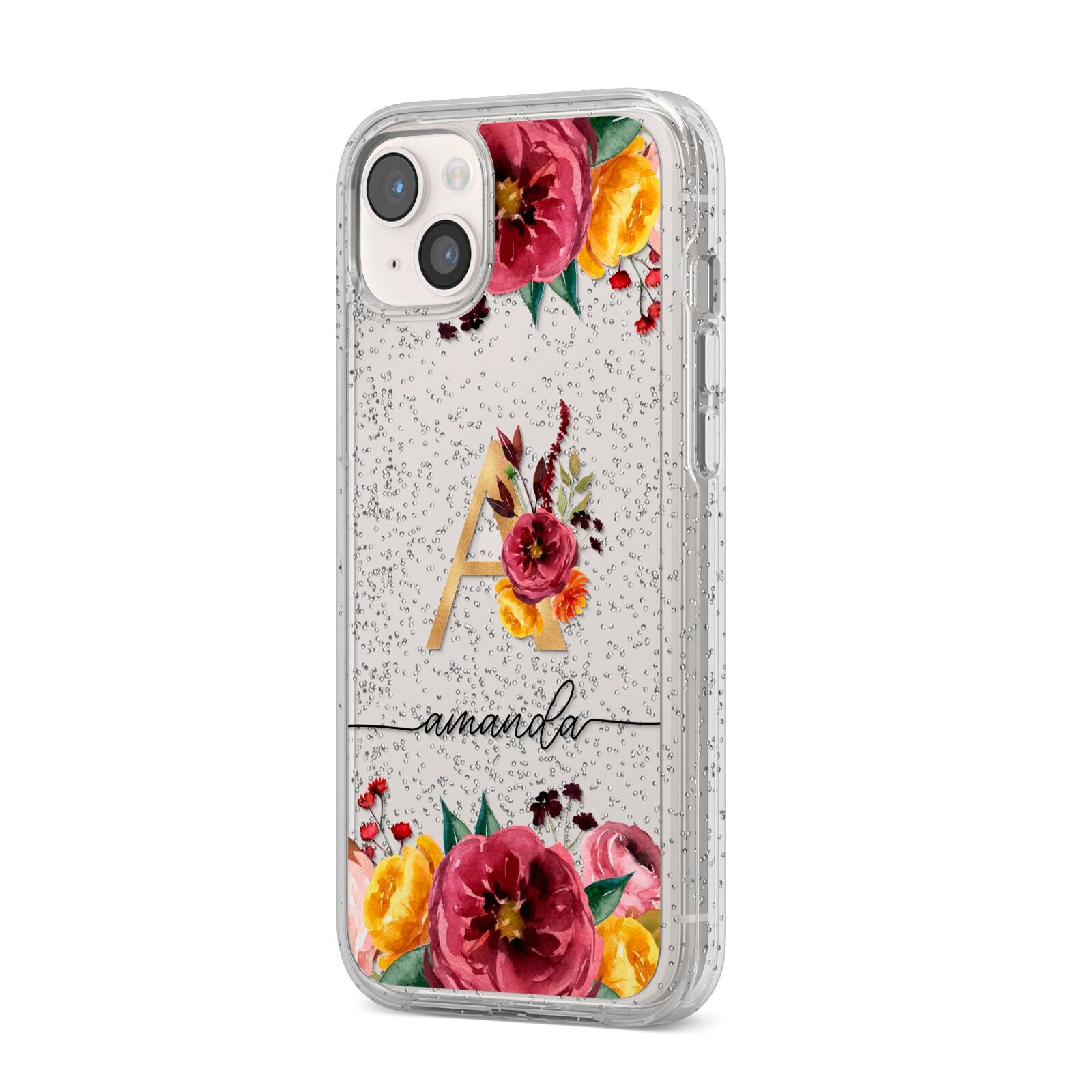 Autumn Watercolour Flowers with Initial iPhone 14 Plus Glitter Tough Case Starlight Angled Image