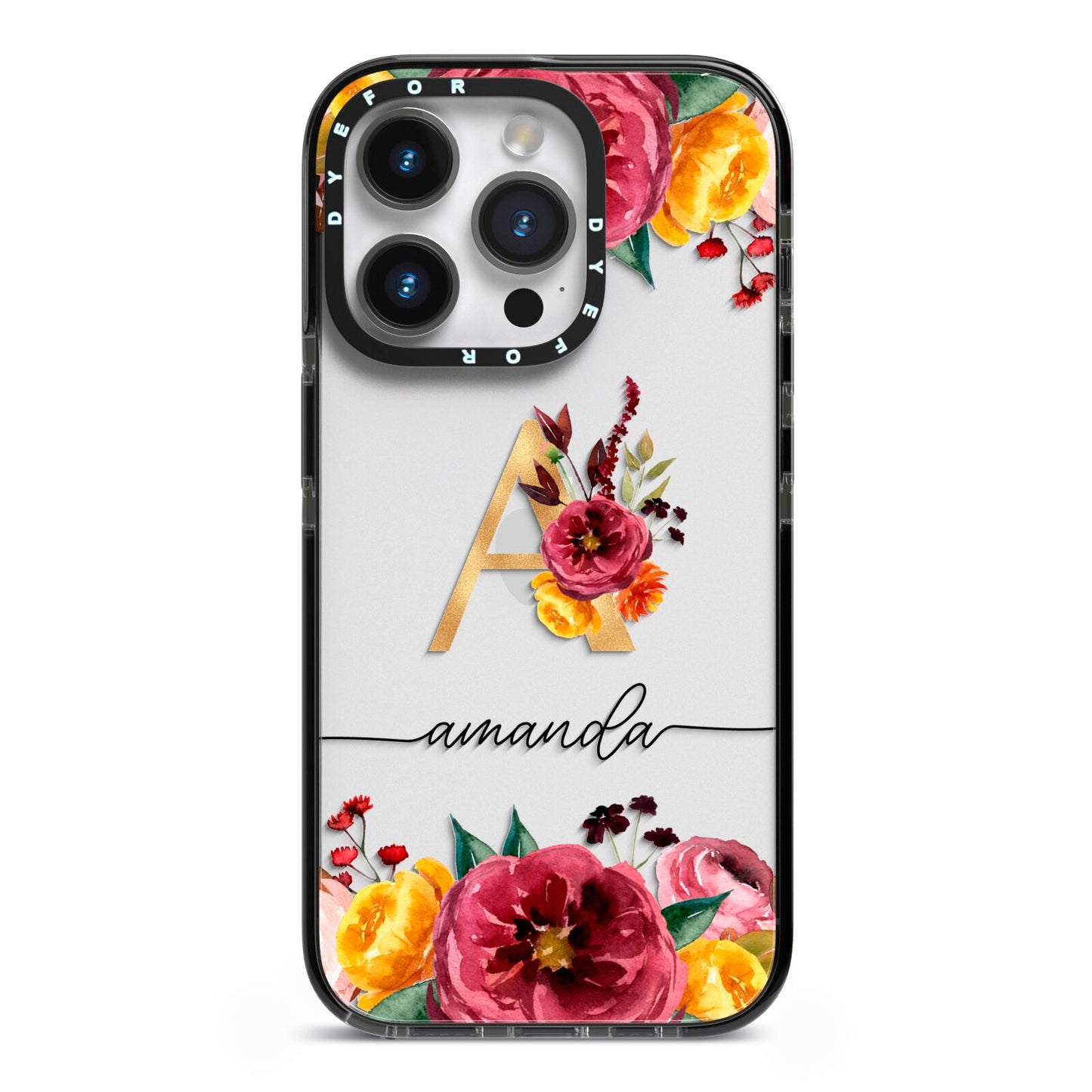 Autumn Watercolour Flowers with Initial iPhone 14 Pro Black Impact Case on Silver phone