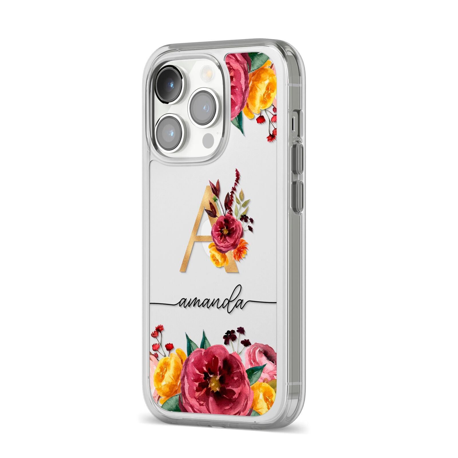 Autumn Watercolour Flowers with Initial iPhone 14 Pro Clear Tough Case Silver Angled Image