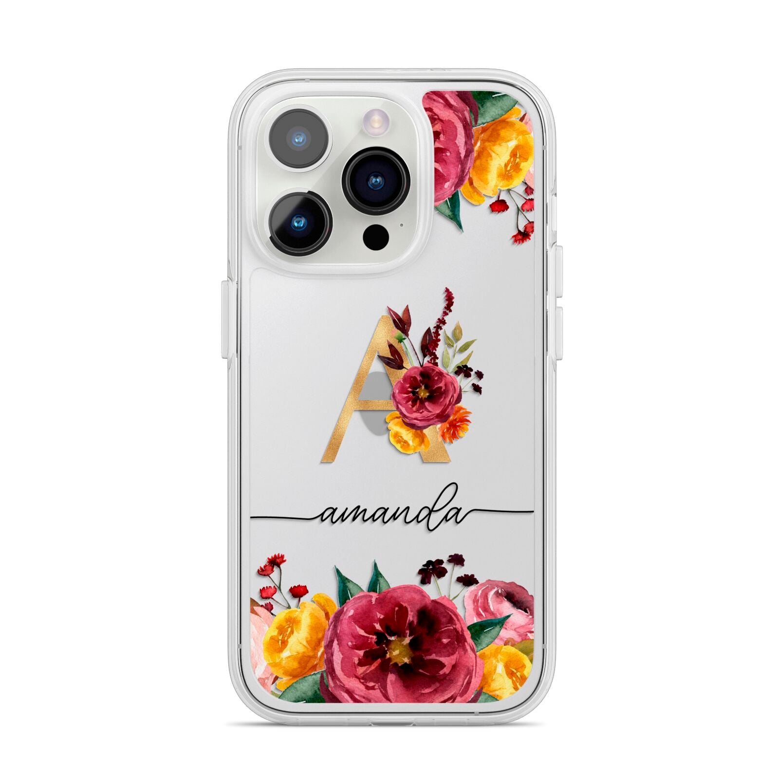 Autumn Watercolour Flowers with Initial iPhone 14 Pro Clear Tough Case Silver
