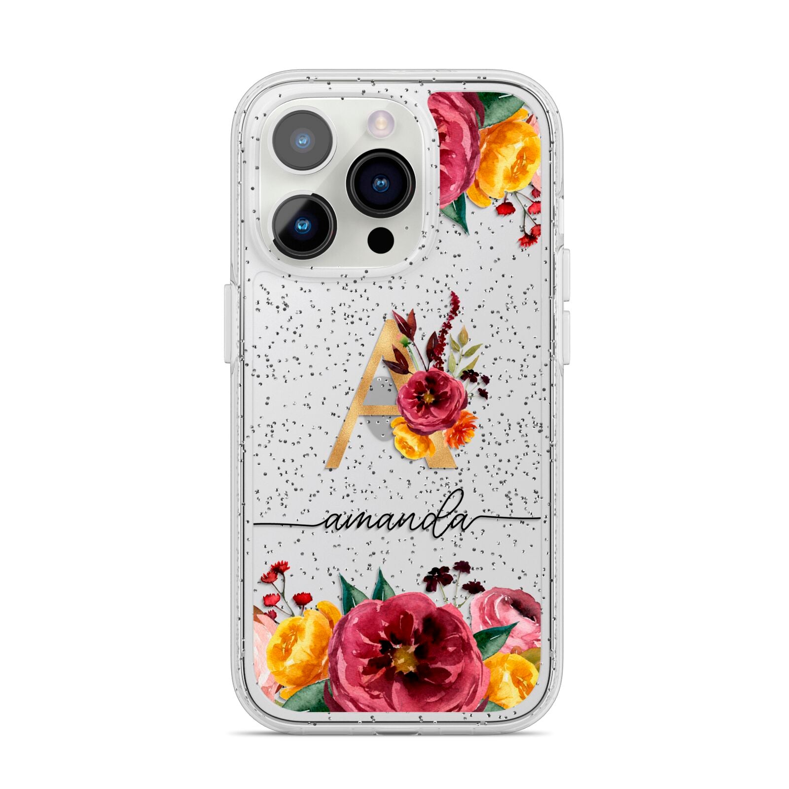Autumn Watercolour Flowers with Initial iPhone 14 Pro Glitter Tough Case Silver