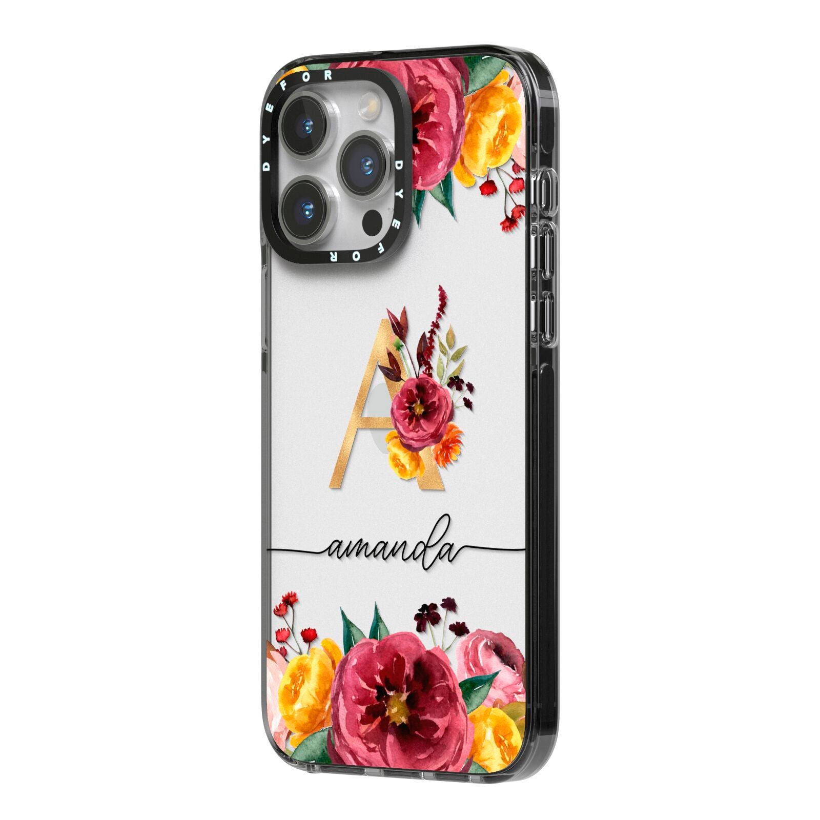 Autumn Watercolour Flowers with Initial iPhone 14 Pro Max Black Impact Case Side Angle on Silver phone