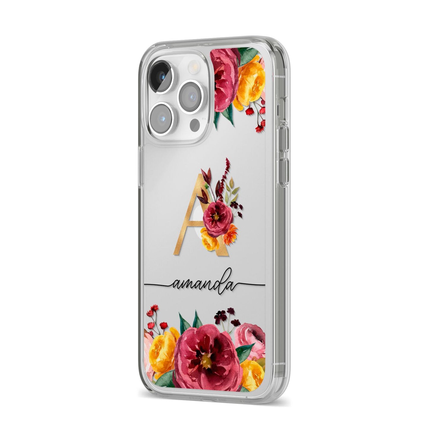 Autumn Watercolour Flowers with Initial iPhone 14 Pro Max Clear Tough Case Silver Angled Image