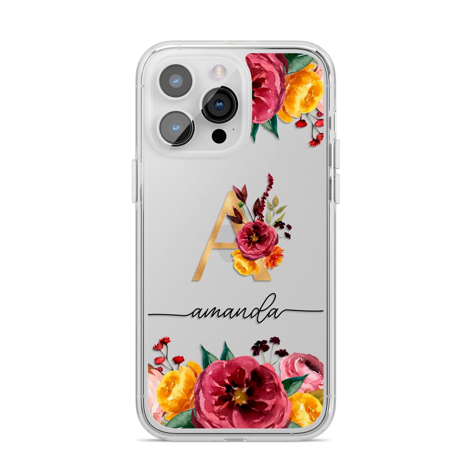 Autumn Watercolour Flowers with Initial iPhone 14 Pro Max Clear Tough Case Silver
