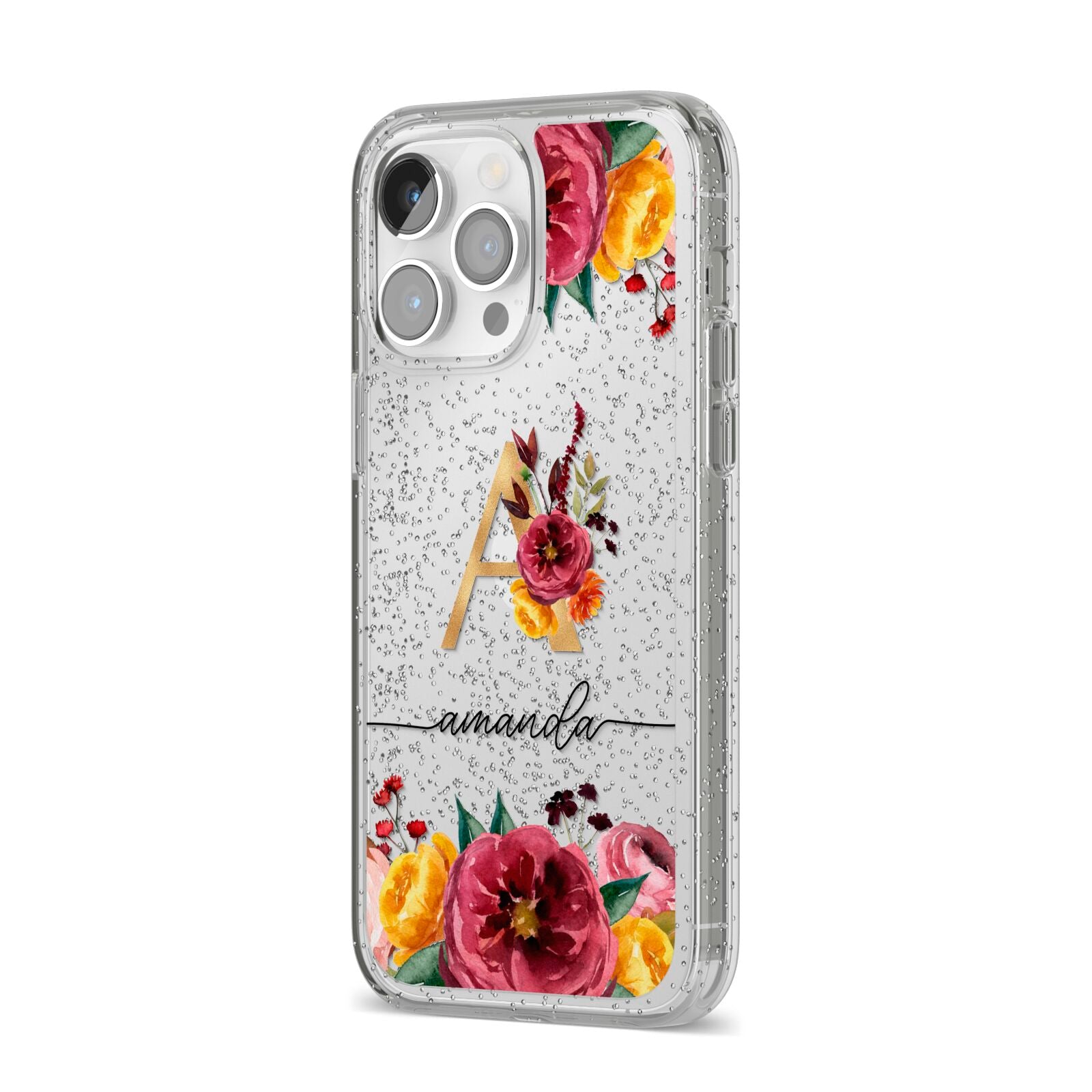 Autumn Watercolour Flowers with Initial iPhone 14 Pro Max Glitter Tough Case Silver Angled Image