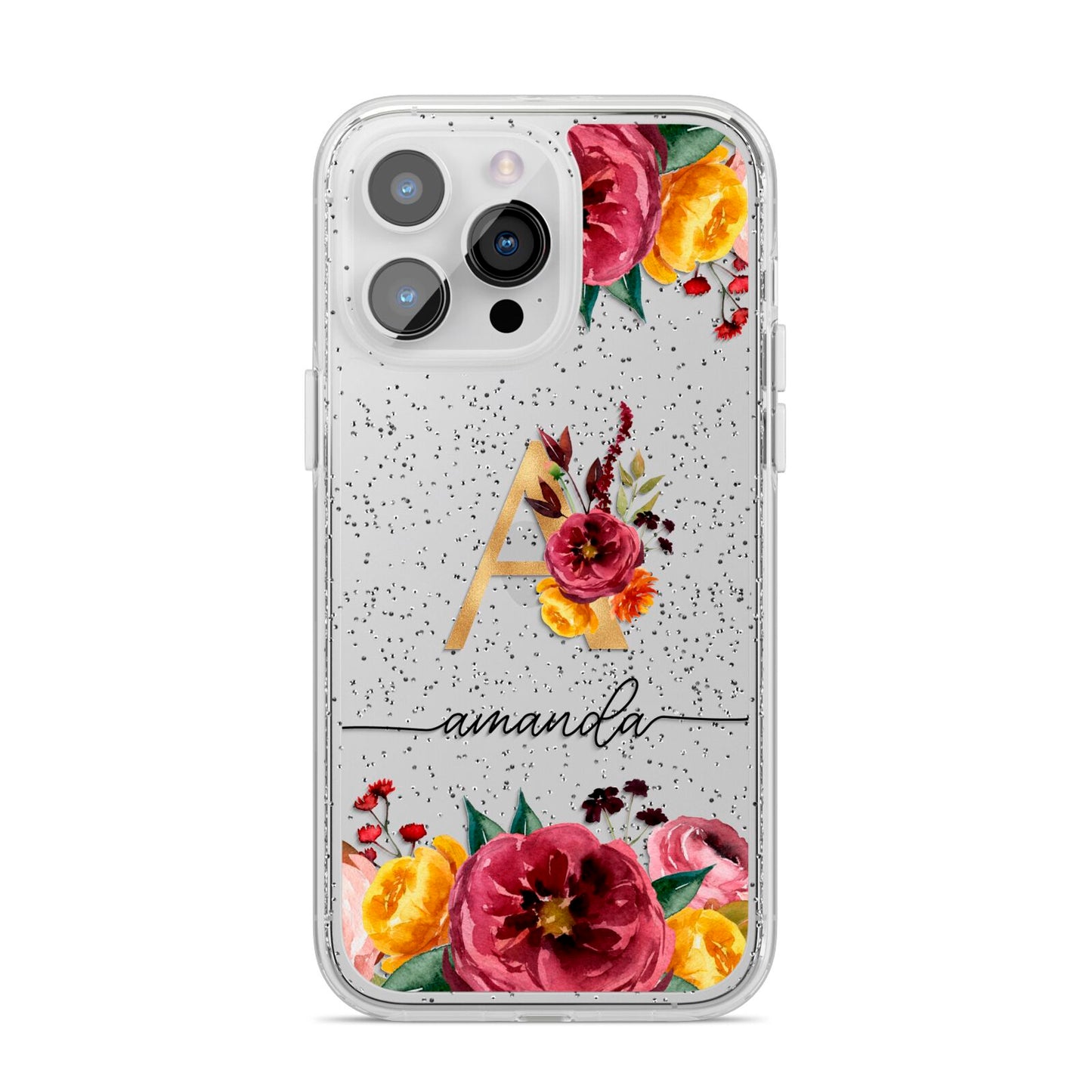 Autumn Watercolour Flowers with Initial iPhone 14 Pro Max Glitter Tough Case Silver