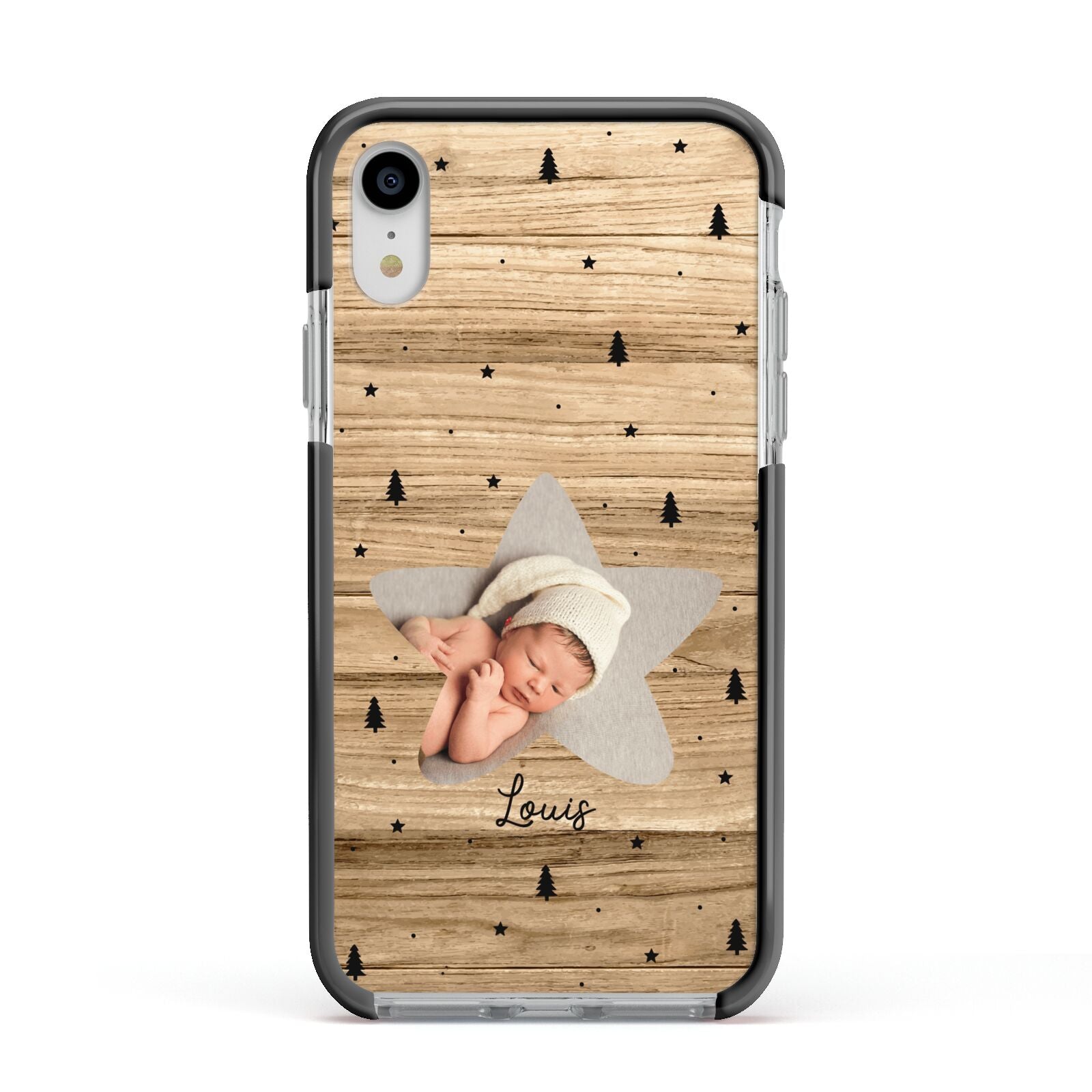 Baby Photo Upload Apple iPhone XR Impact Case Black Edge on Silver Phone