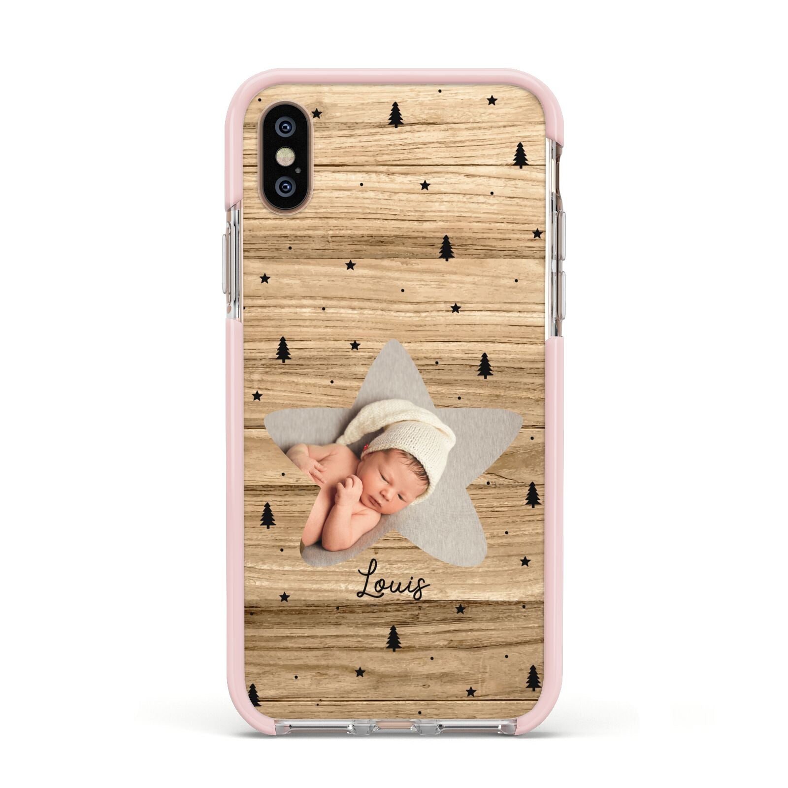 Baby Photo Upload Apple iPhone Xs Impact Case Pink Edge on Gold Phone