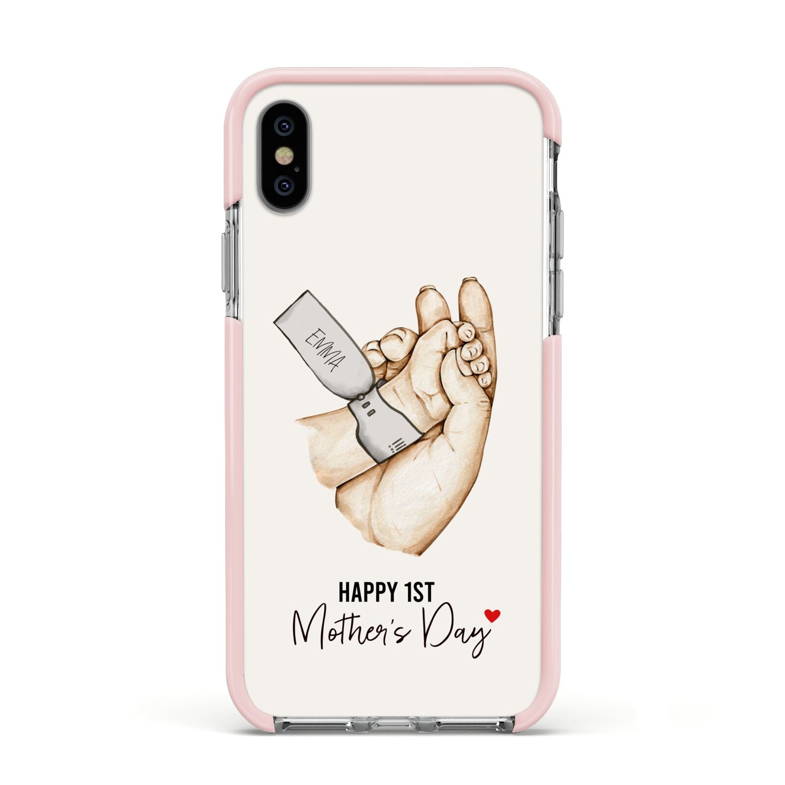 Baby s Hands First Mothers Day Apple iPhone Xs Impact Case Pink Edge on Silver Phone